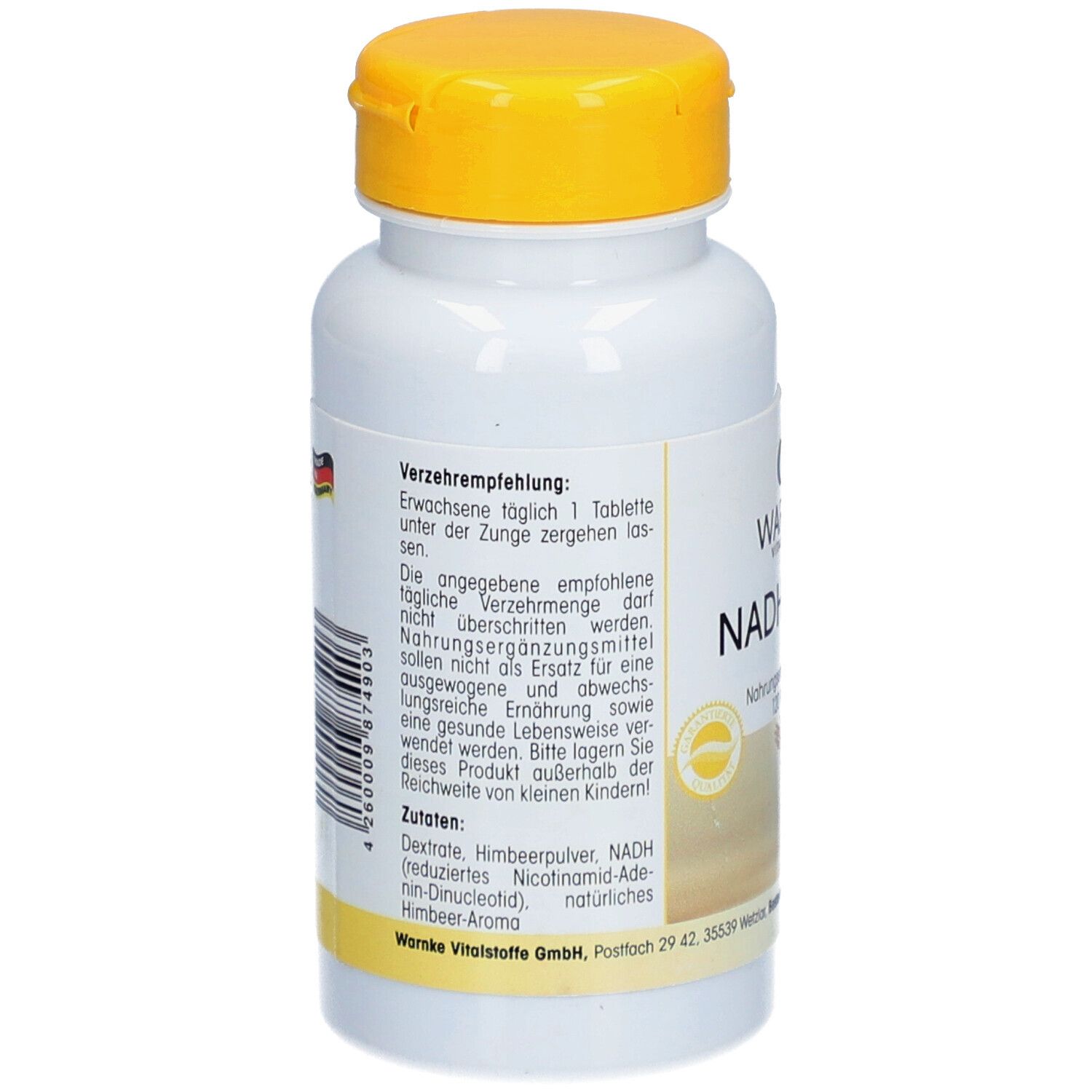 Achterkant van de witte fles met gele dop. Tekst: Aanbevelingen, ingrediënten. Warnke Vitalstoffe. Gemaakt in Duitsland.