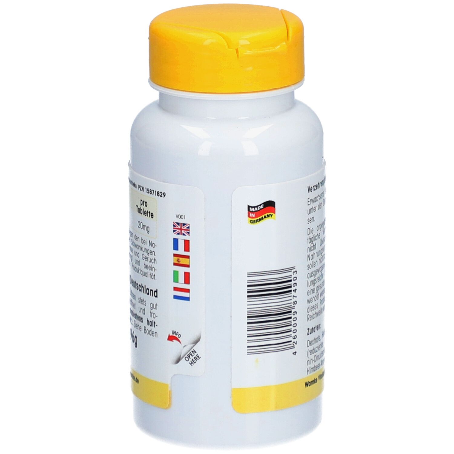 Achterkant van de witte fles met gele dop. Tekst: Aanbevelingen, barcode, Gemaakt in Duitsland. Vlaggen.