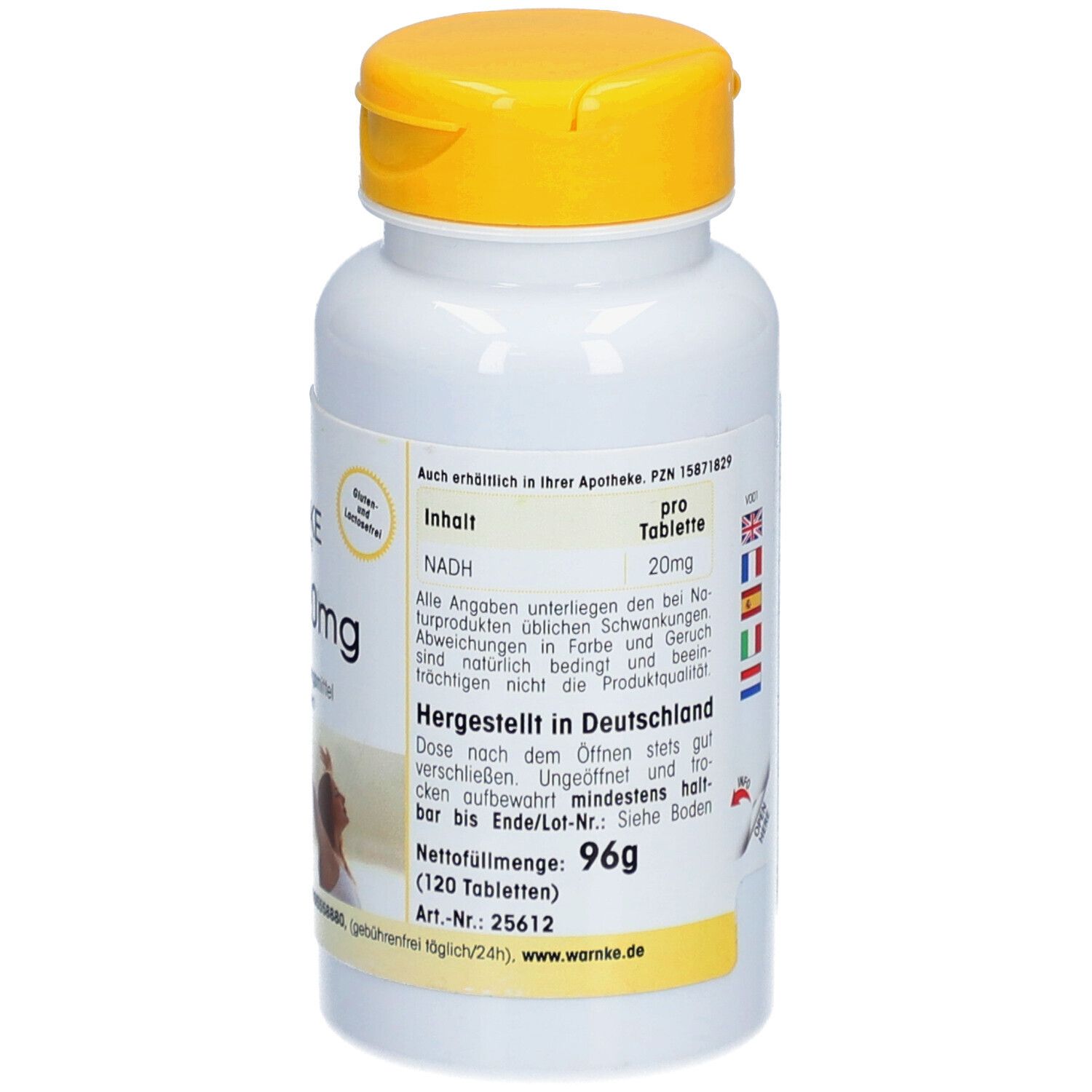 Achterkant van de witte fles met gele dop. Tekst: Inhoud, per tablet, nettogewicht 96g. Gemaakt in Duitsland.