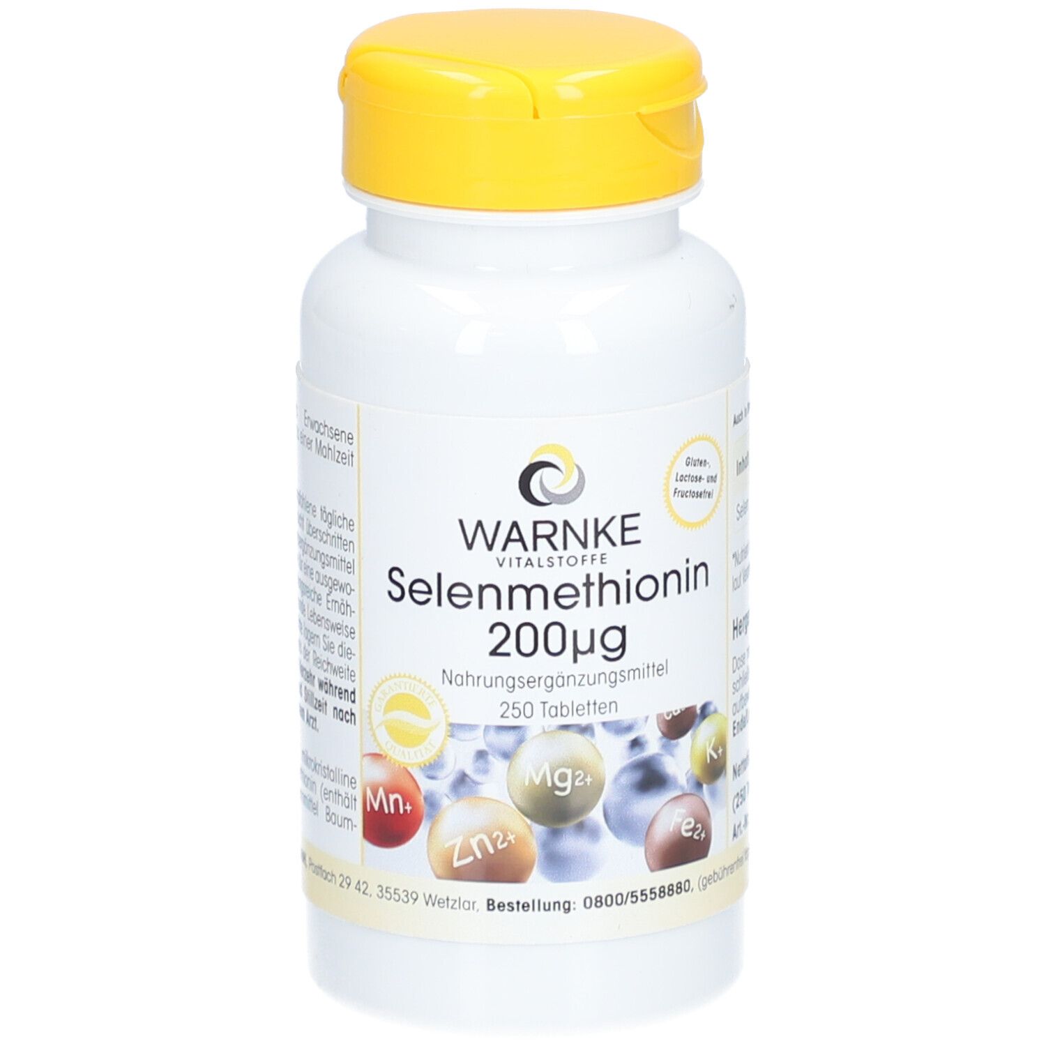 Witte fles met gele dop. Opschrift: WARNKE Selenomethionine 200mcg, 250 tabletten. Voedingssupplement.