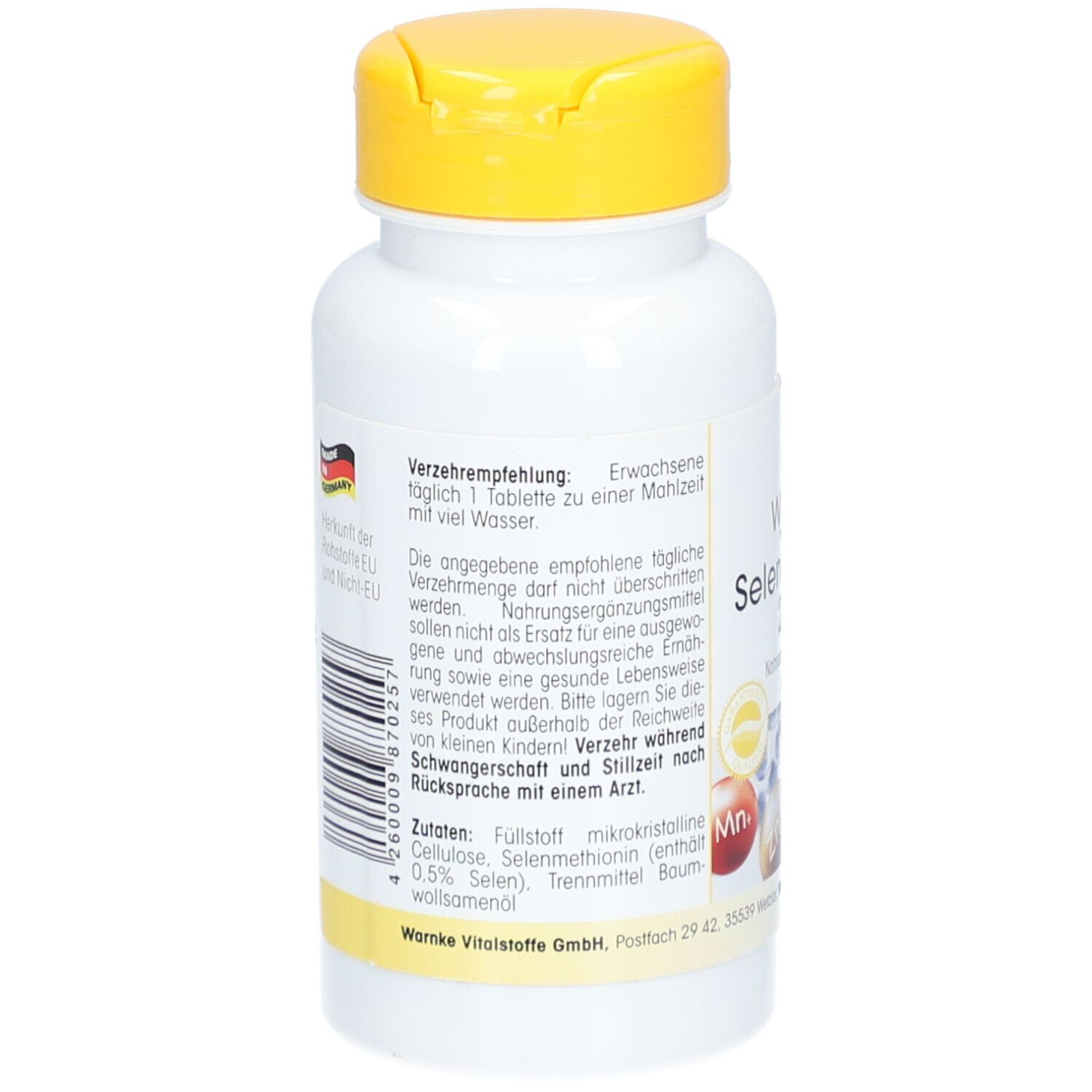 Achterkant witte fles met gele dop. Tekst: Aanbevelingen, ingrediënten, waarschuwingen. Met Duitse vlag.