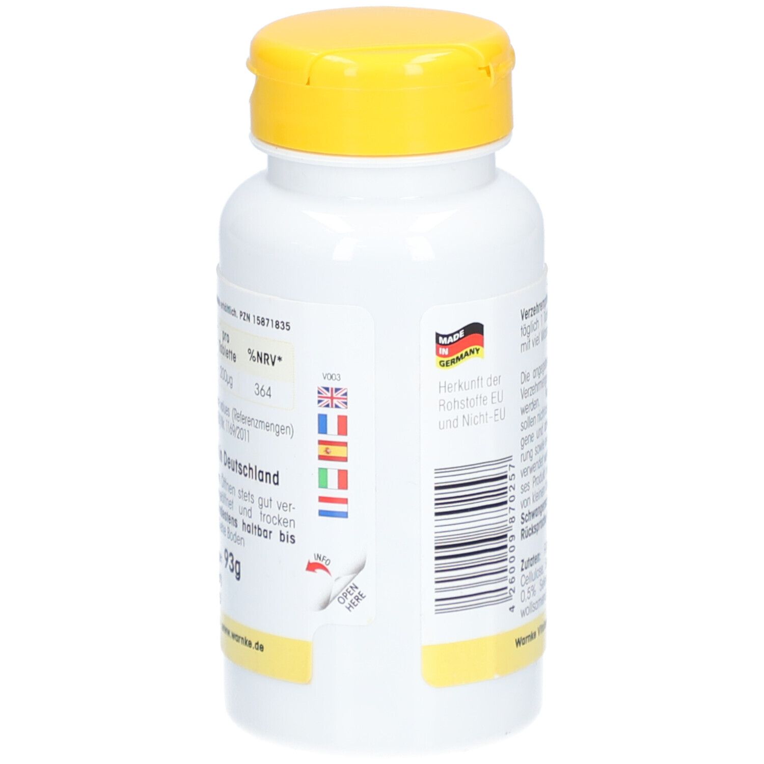 Achterkant witte fles met gele dop. Tekst: Herkomst Duitsland, lotnummer, barcode. Met EU-vlag.