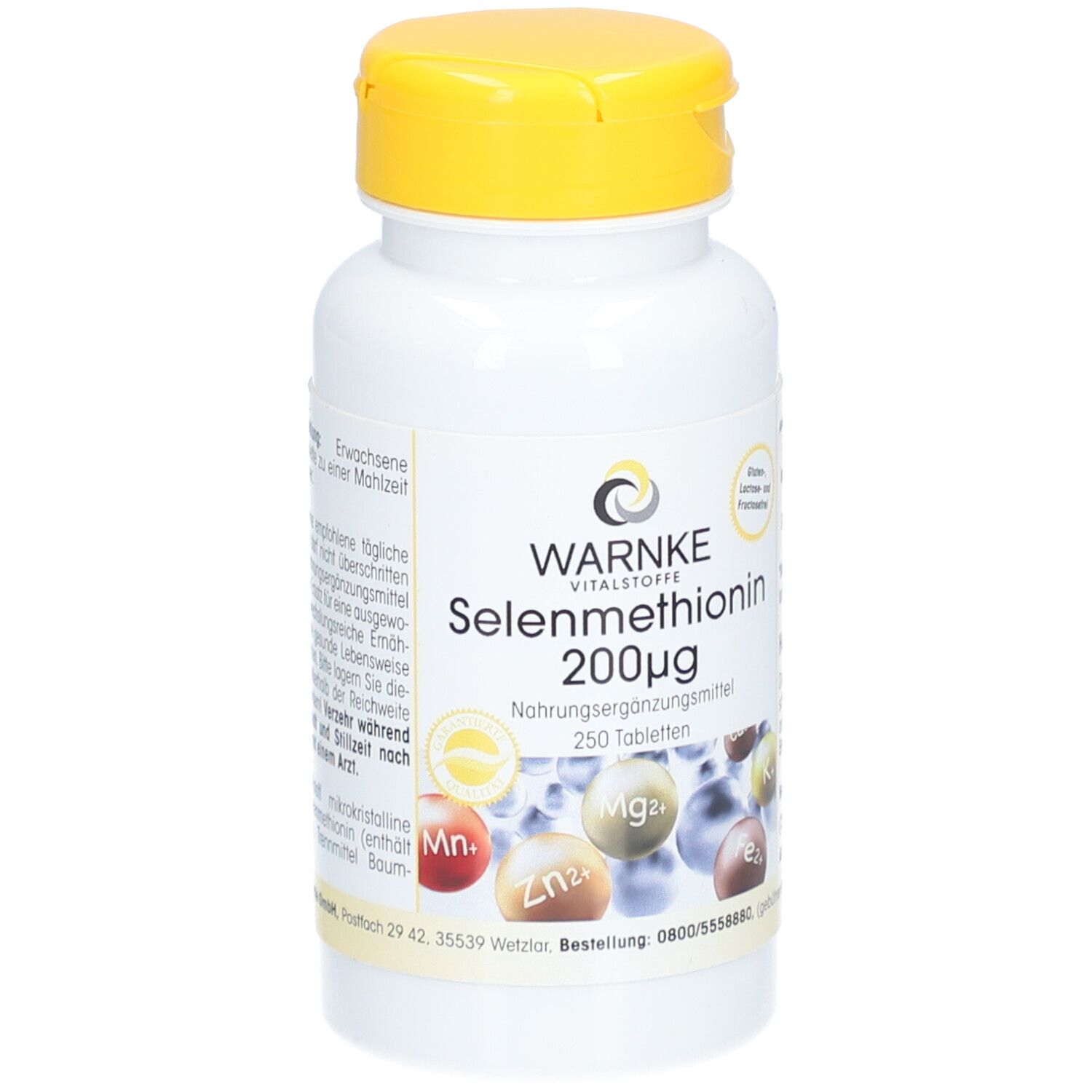 Witte fles met gele dop. Opschrift: WARNKE Selenomethionine 200mcg, 250 tabletten. Voedingssupplement.