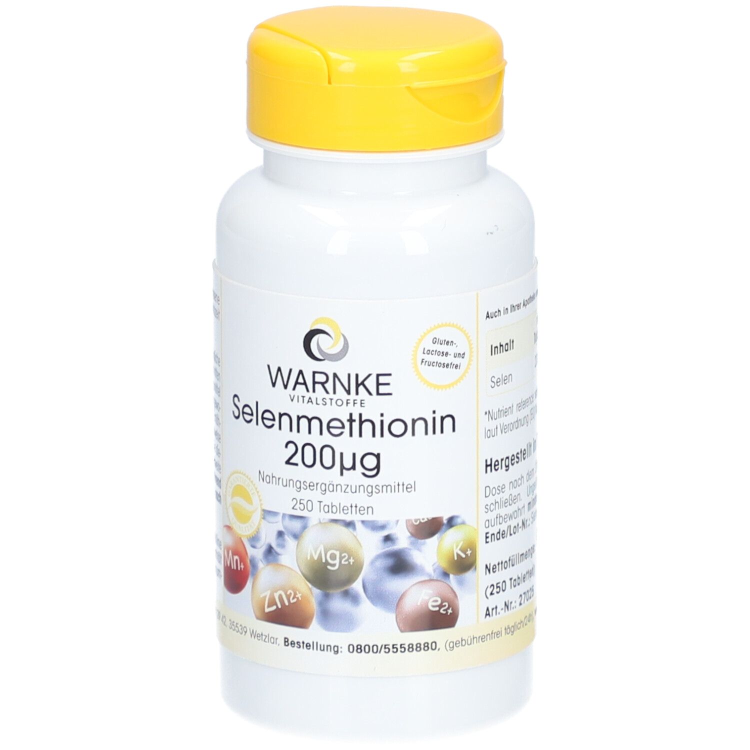 Witte fles met gele dop. Opschrift: WARNKE Selenomethionine 200mcg, 250 tabletten. Voedingssupplement.
