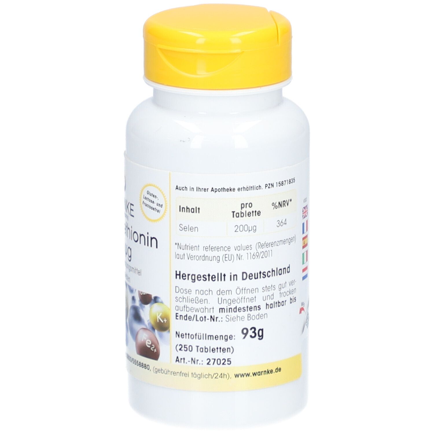 Achterkant witte fles met gele dop. Tekst: Inhoud, voedingswaarde, gemaakt in Duitsland, nettogewicht 93g.