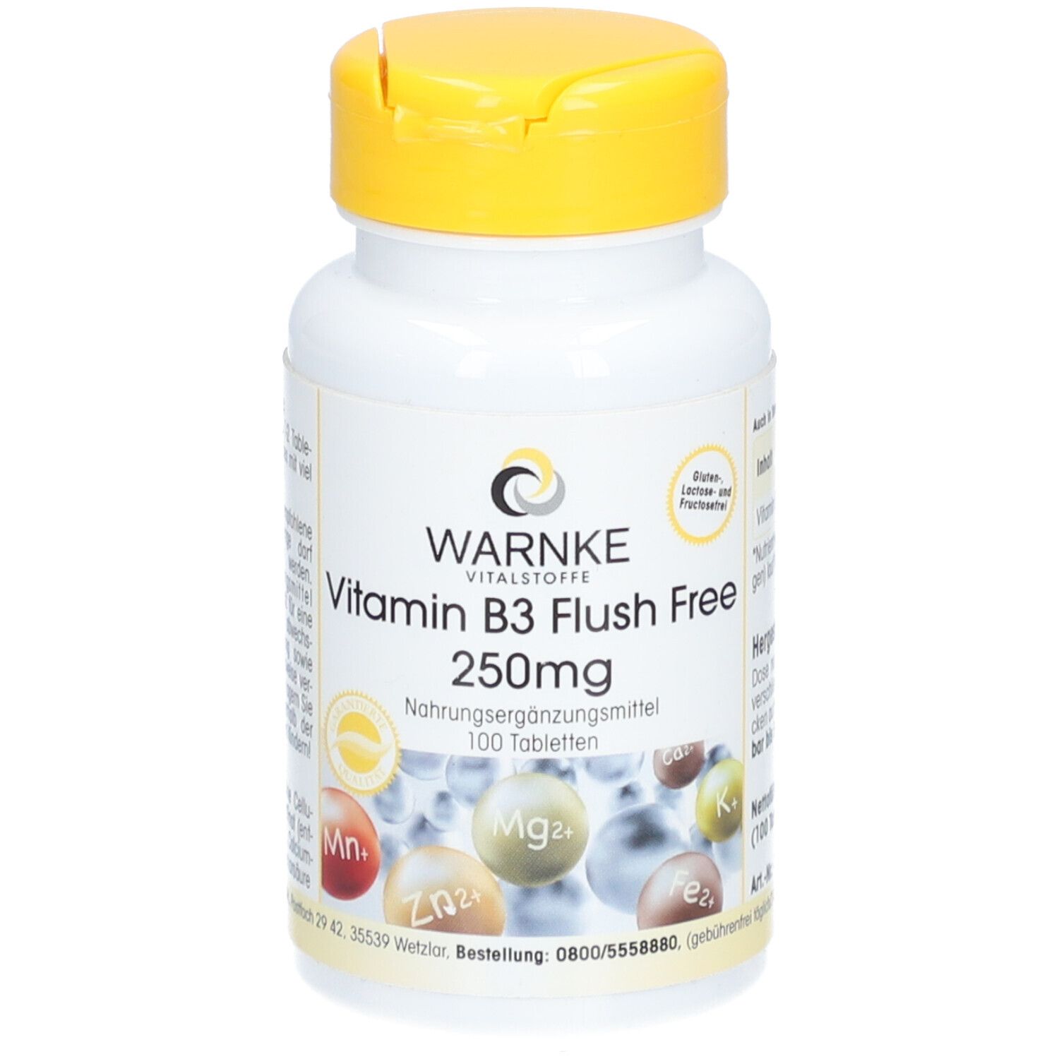 Witte fles met gele dop. Opschrift: WARNKE Vitamine B3 Flush Free 250mg. 100 tabletten. Voedingssupplement.