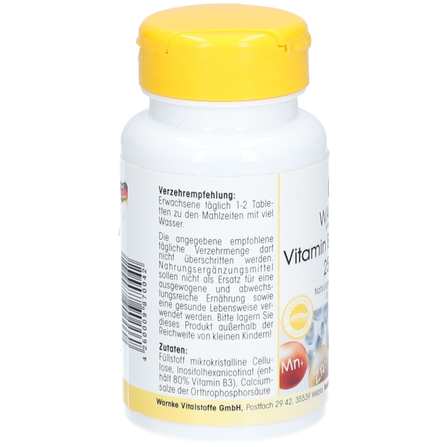 Achterkant van de witte fles met gele dop. Tekst: Aanbevelingen, ingrediënten, Warnke Vitalstoffe.