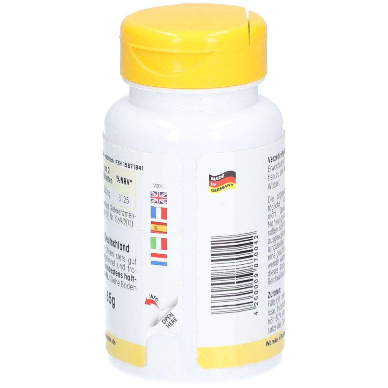 Achterkant van de witte fles met gele dop. Tekst: Vitamine B3, Made in Germany, barcode.