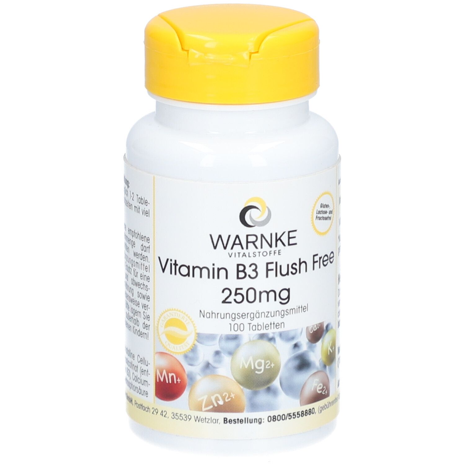 Witte fles met gele dop. Opschrift: WARNKE Vitamine B3 Flush Free 250mg. 100 tabletten. Voedingssupplement.