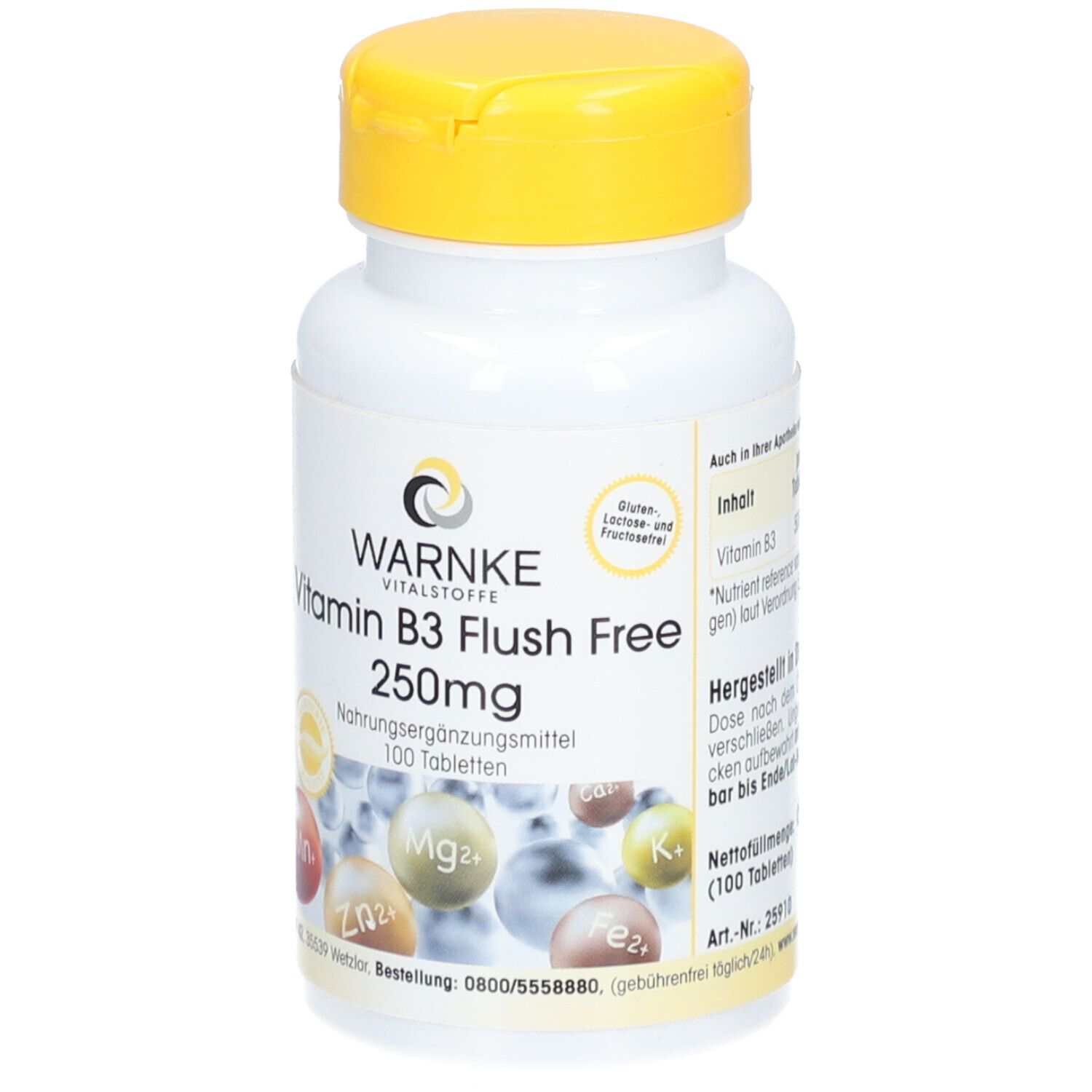 Witte fles met gele dop. Opschrift: WARNKE Vitamine B3 Flush Free 250mg. 100 tabletten. Voedingssupplement.