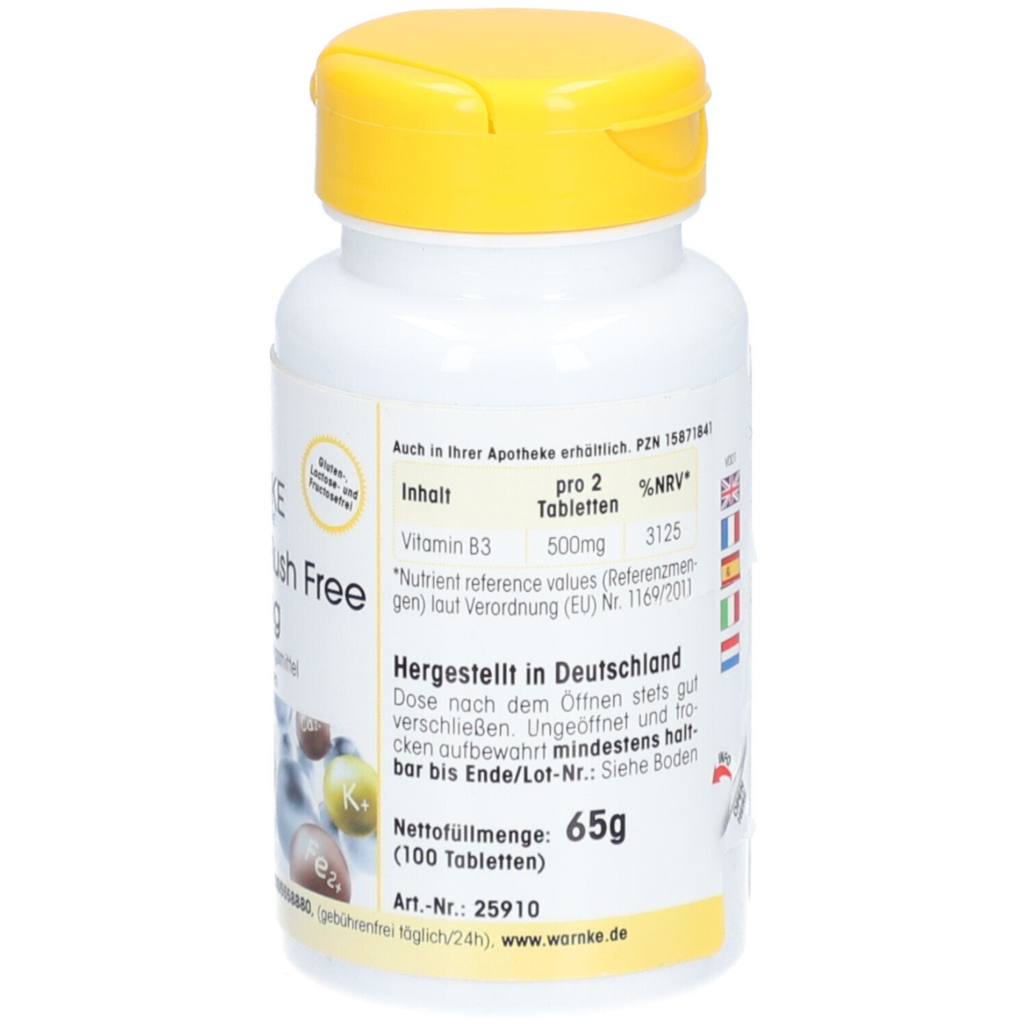 Witte fles met gele dop. Tekst: Vitamine B3, nettogewicht 65g, 100 tabletten. Made in Germany.