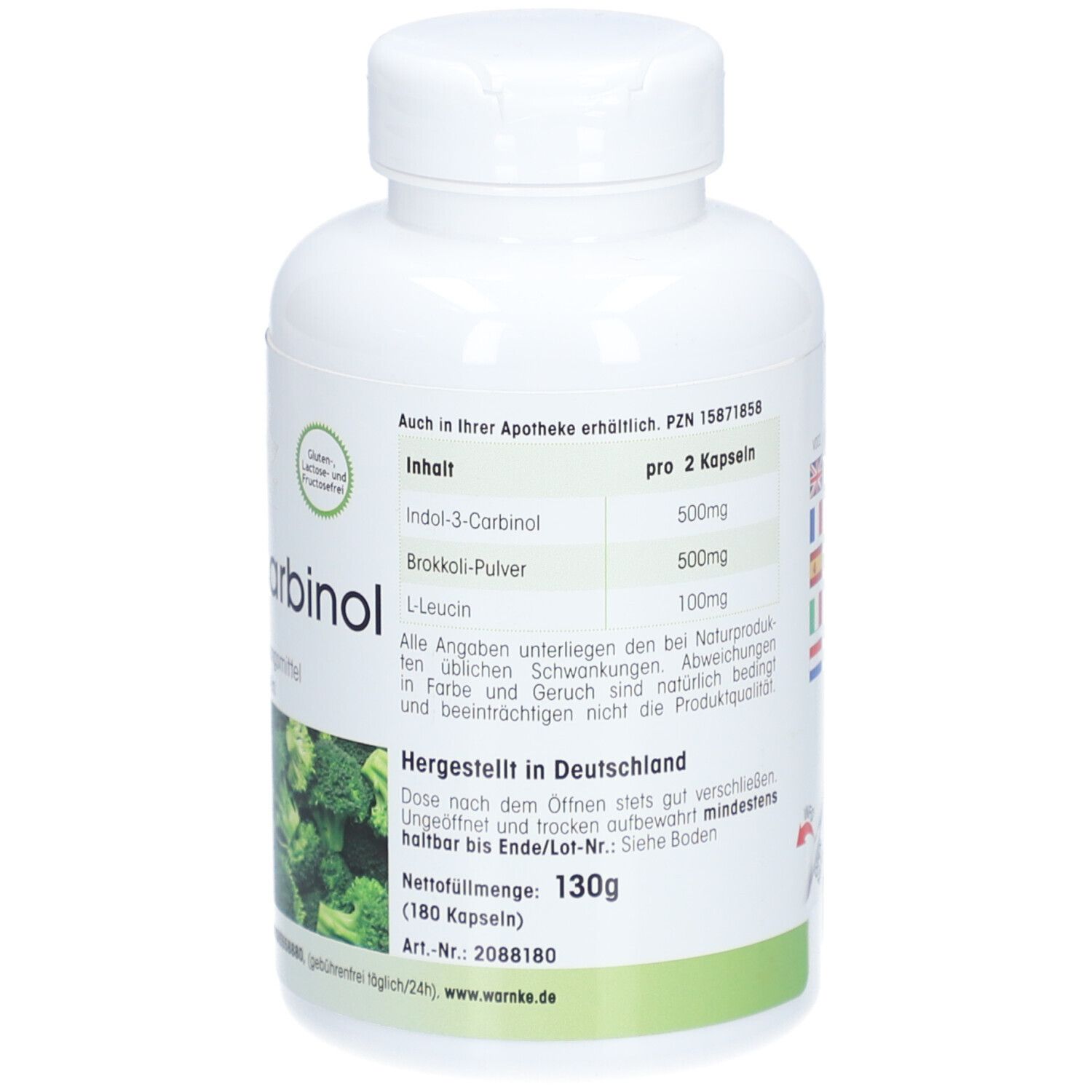 Witte fles met schroefdop. Opschrift: Indol-3-Carbinol, 180 capsules. Afbeelding van broccoli. Zegel.