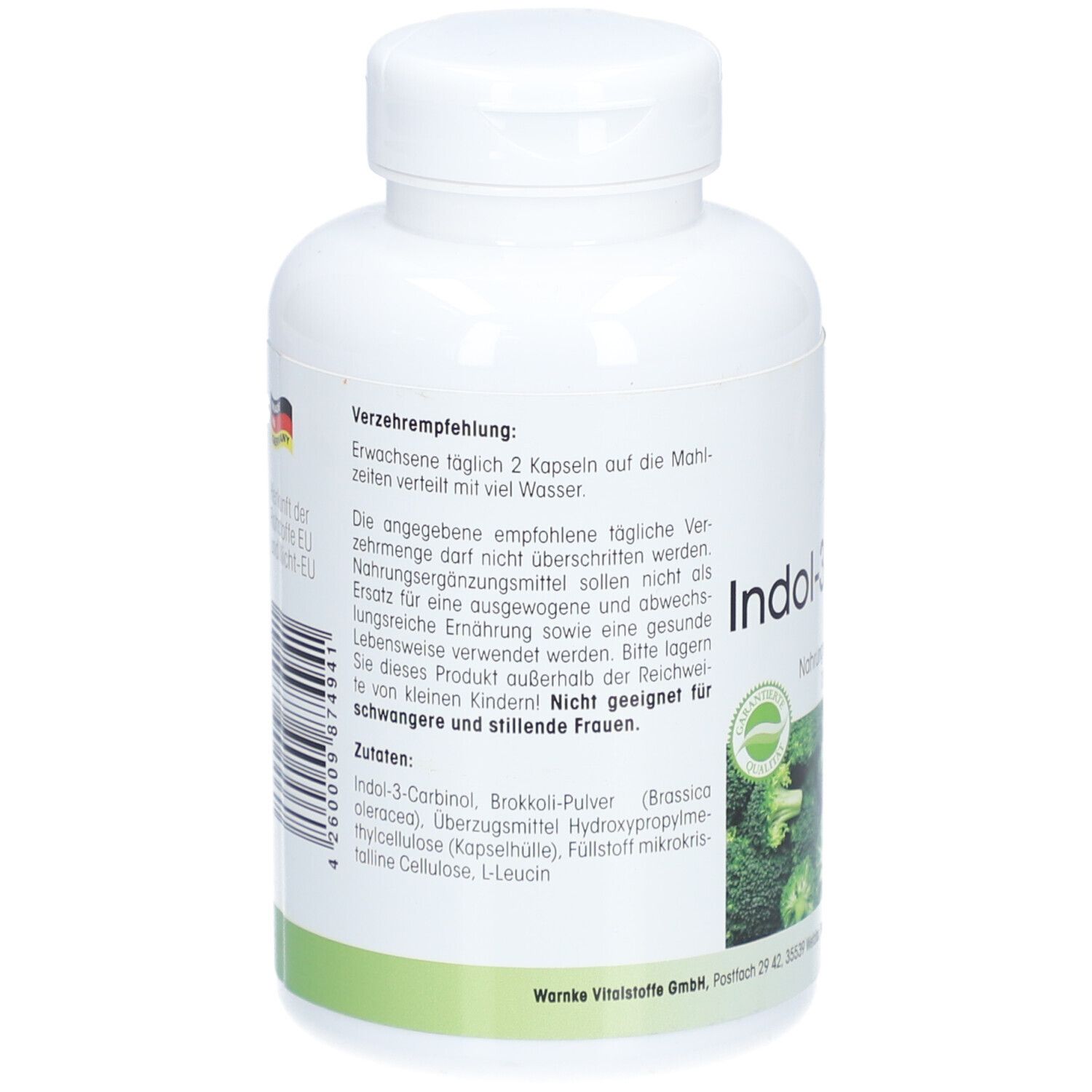 Achterkant van de witte fles. Tekst: Aanbeveling voor gebruik, ingrediënten. Afbeelding van broccoli. Tekst: Niet geschikt voor zwangere vrouwen.