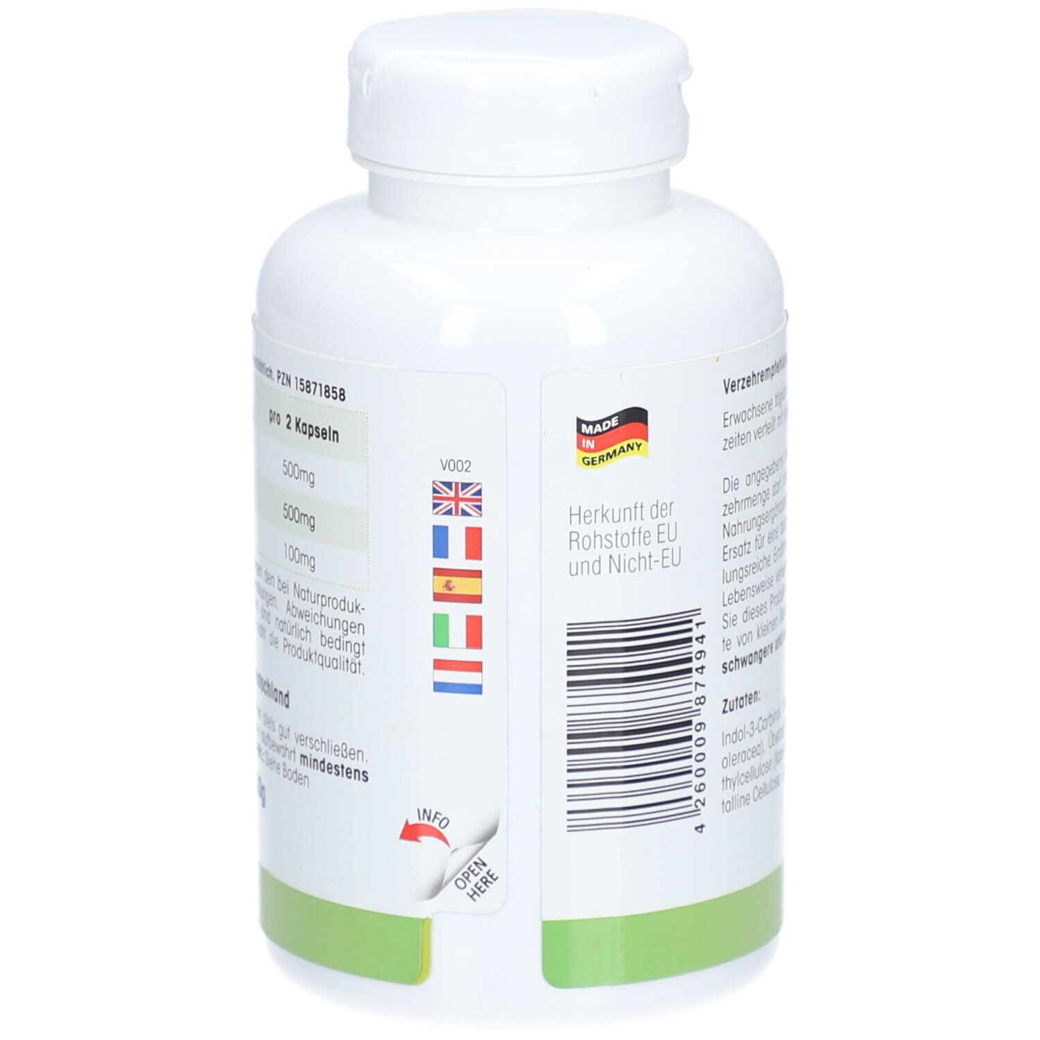 Achterkant van de witte fles. Tekst: Herkomst van de grondstoffen EU en niet-EU. Vlaggen. Tekst: Info, Open here.