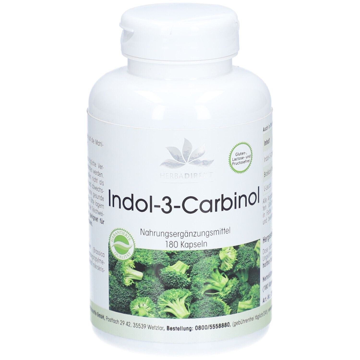 Witte fles met schroefdop. Opschrift: Indol-3-Carbinol, 180 capsules. Afbeelding van broccoli. Zegel.