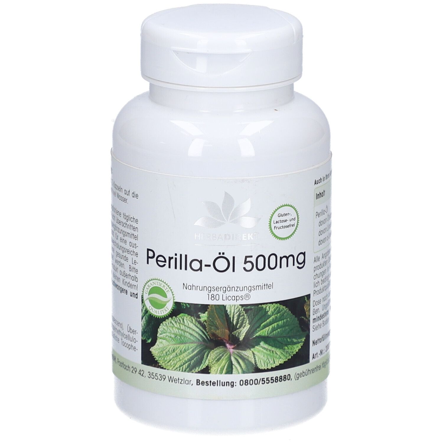 Witte fles met schroefdop. Opschrift: Perilla-Öl 500mg, 180 Licaps. Logo en plantafbeelding.
