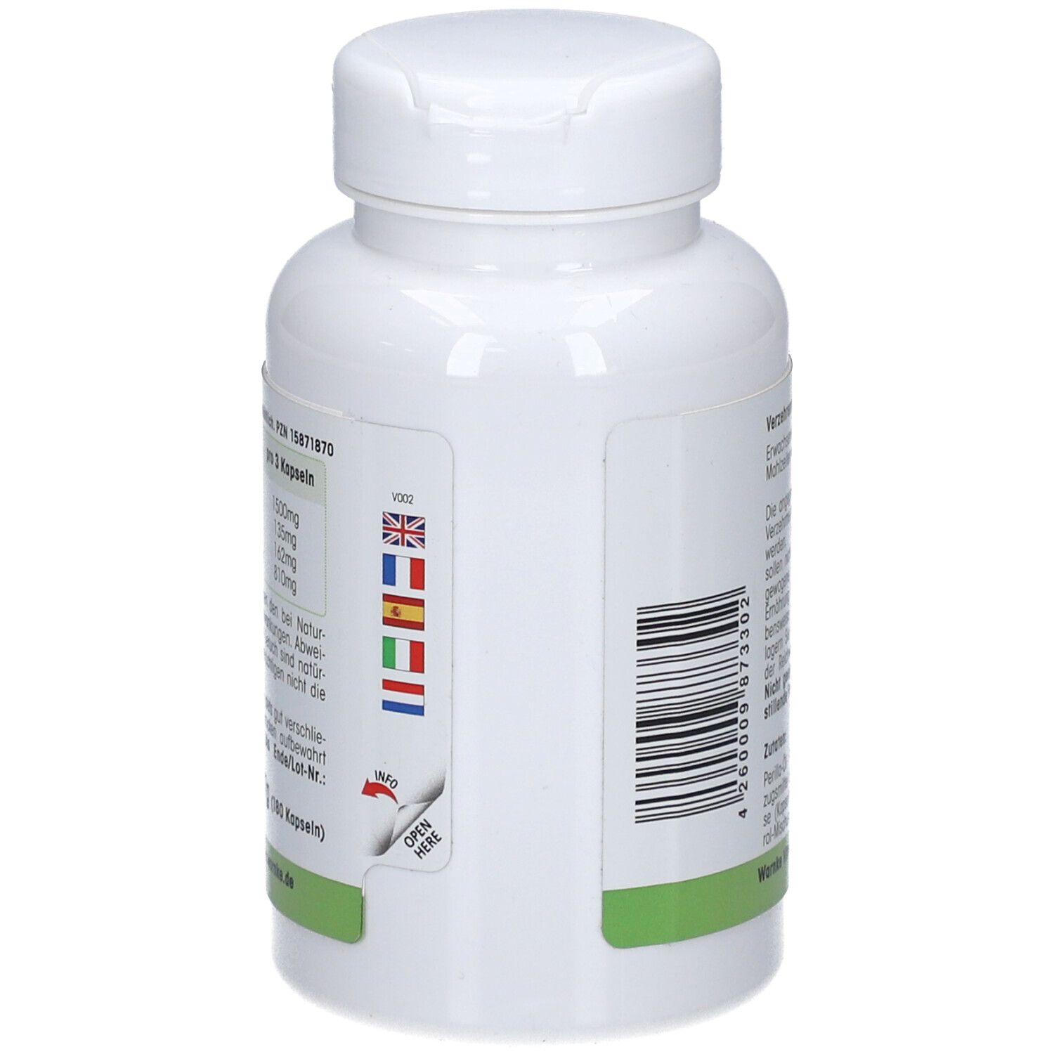 Witte fles, zijaanzicht. Barcode en meertalige vlaggen. Opschrift: Perilla-Öl.
