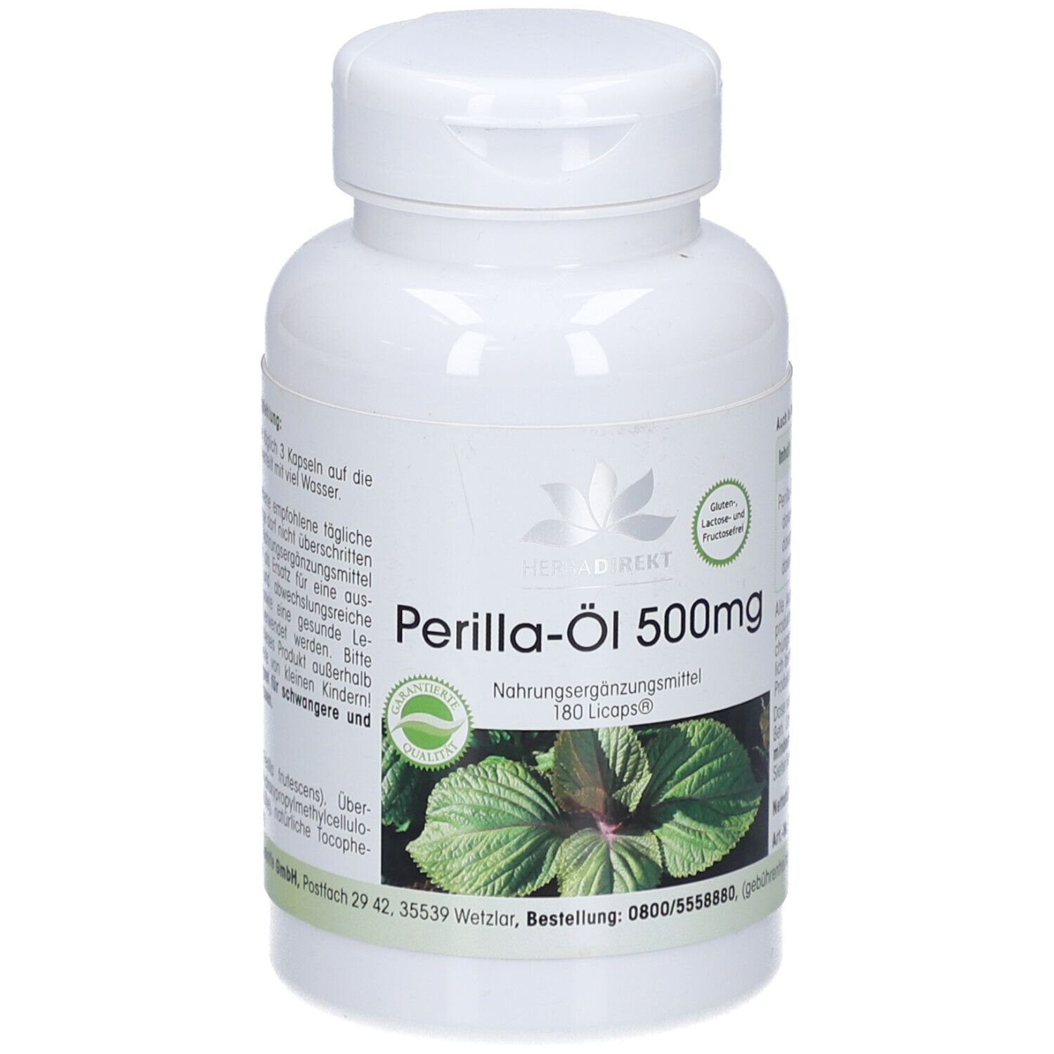 Witte fles met schroefdop. Opschrift: Perilla-Öl 500mg, 180 Licaps. Logo en plantafbeelding.