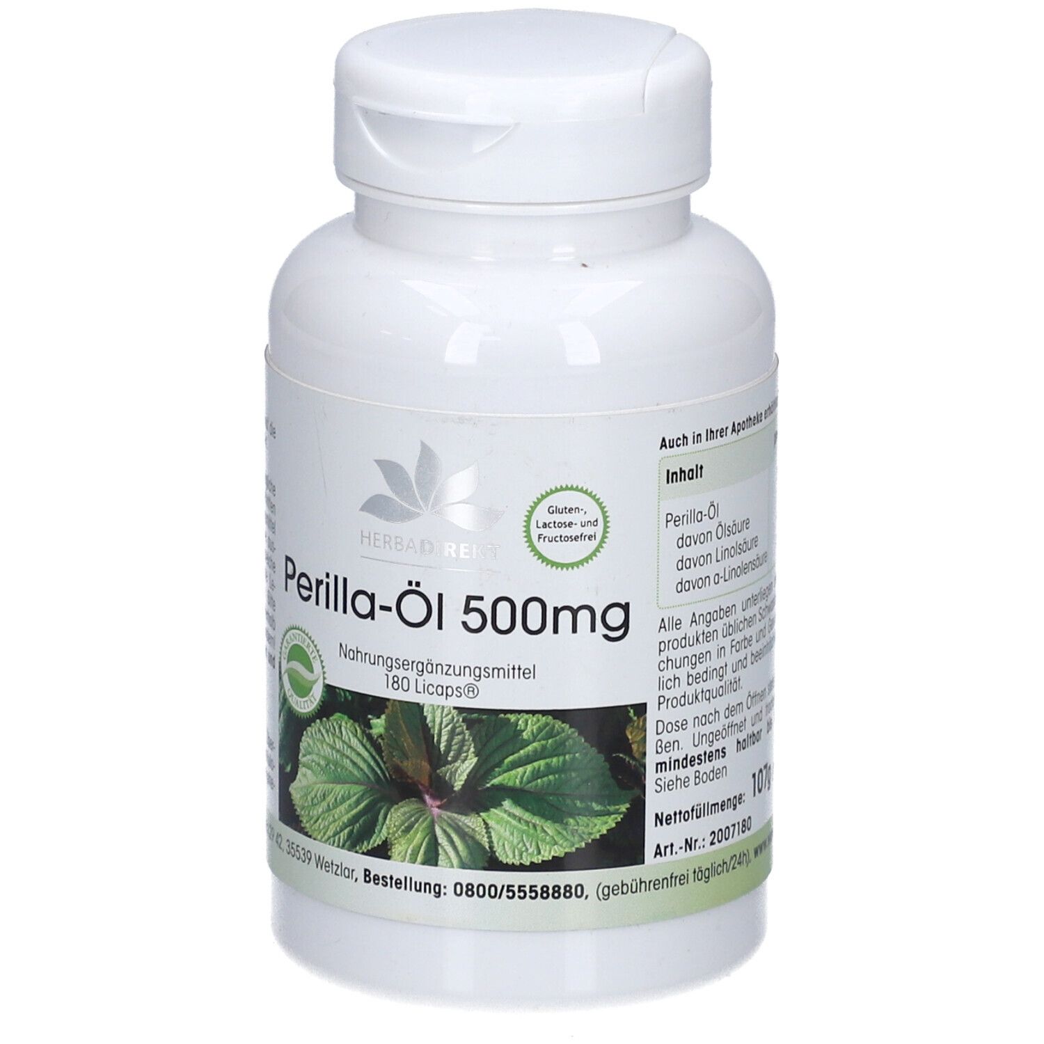 Witte fles met schroefdop. Opschrift: Perilla-Öl 500mg, 180 Licaps. Logo en plantafbeelding.
