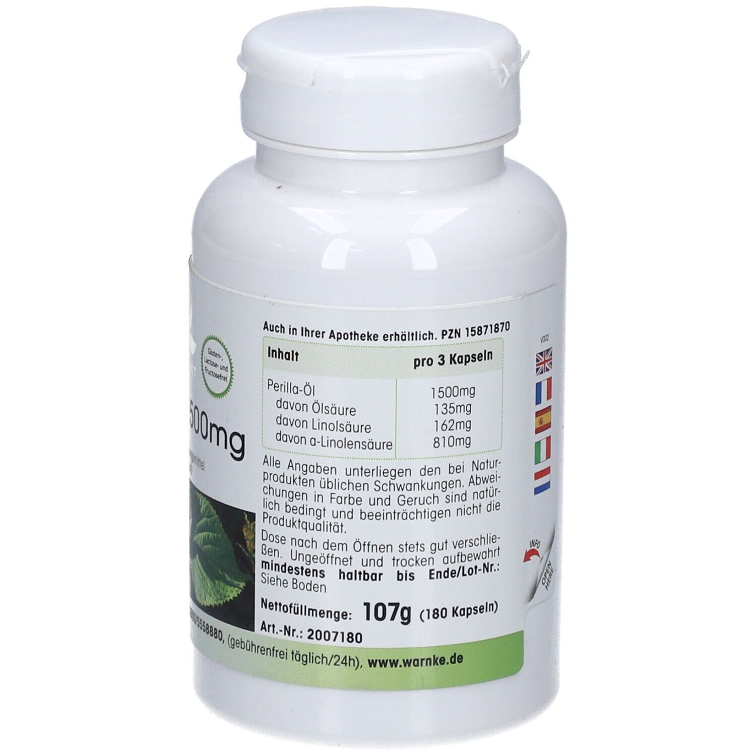 Achterkant van de witte fles. Tekst: Ingrediënten, voedingswaarde, nettogewicht 107g (180 capsules).