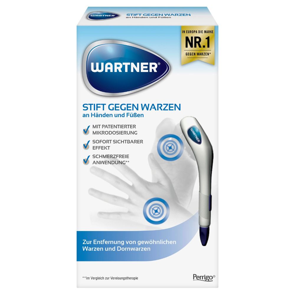 Emballage du produit WARTNER® Stylo contre les verrues. Boîte blanche et bleue avec image et texte.