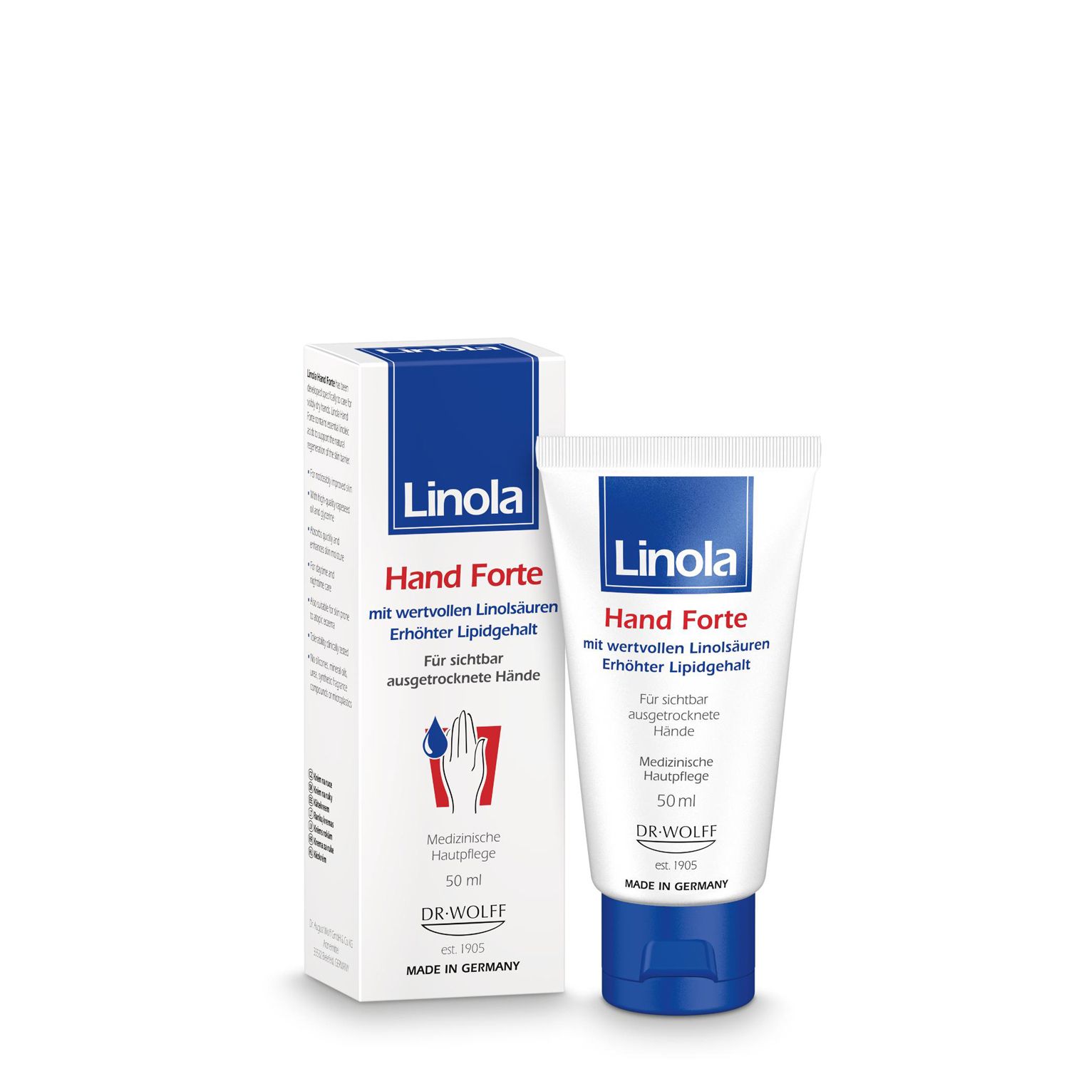 Linola Hand Forte crème pour les mains et emballage. Tube blanc avec bouchon bleu et emballage bleu.
