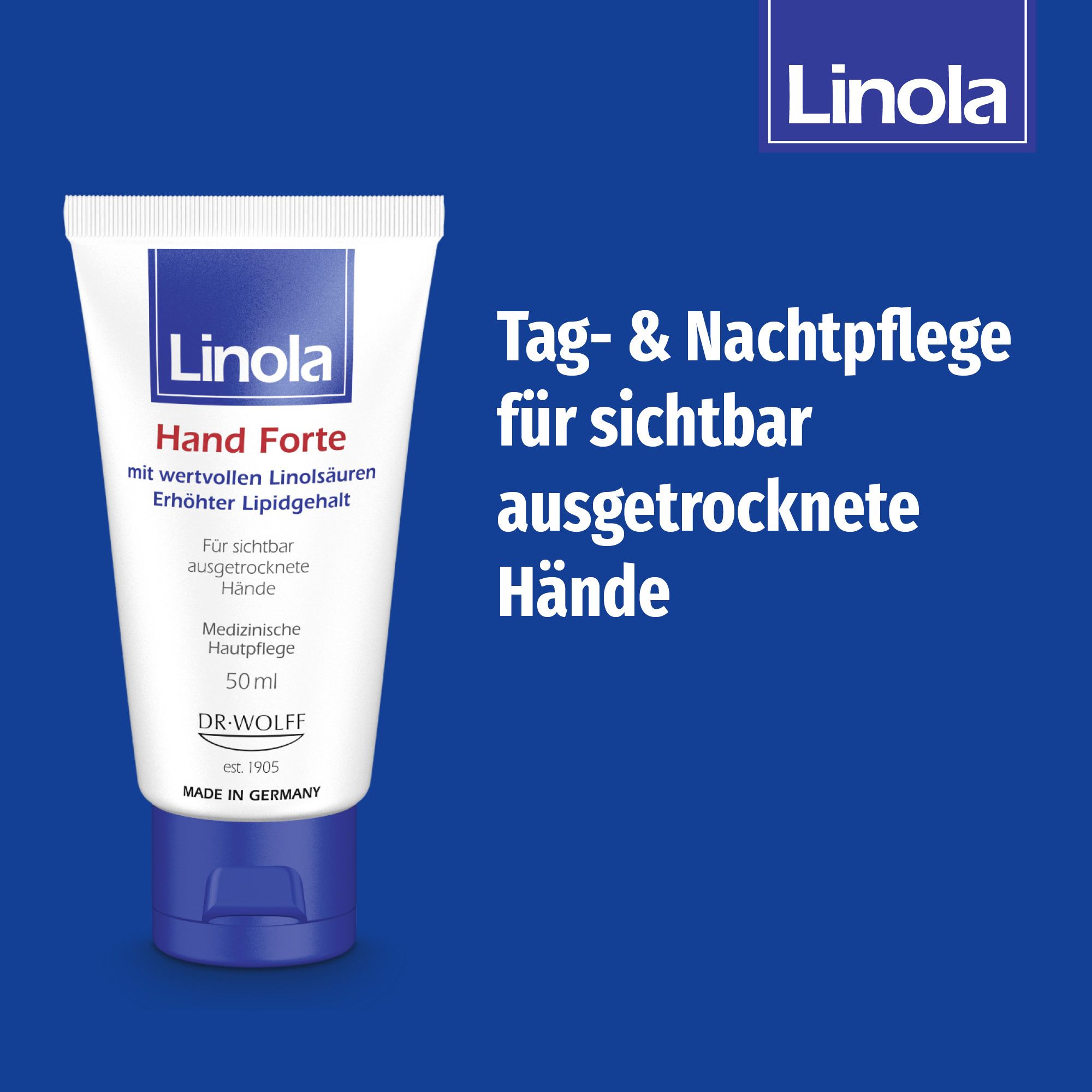 Tube Linola Hand Forte. Texte : Soin jour et nuit pour mains visiblement sèches. Fond bleu.