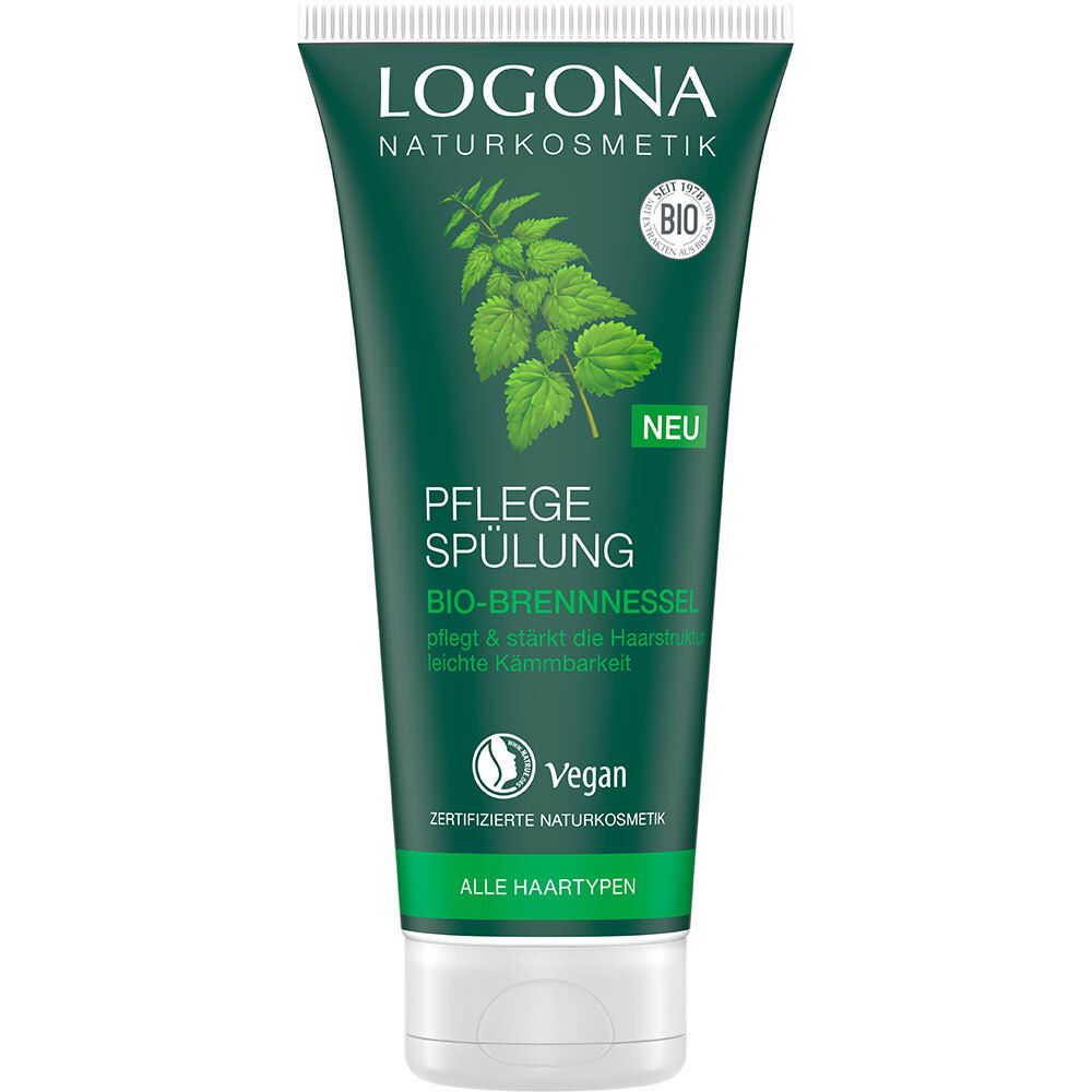 Tube verte avec bouchon blanc. Texte: LOGONA, Pflege Spülung Bio-Brennessel, Vegan, pour tous types de cheveux.