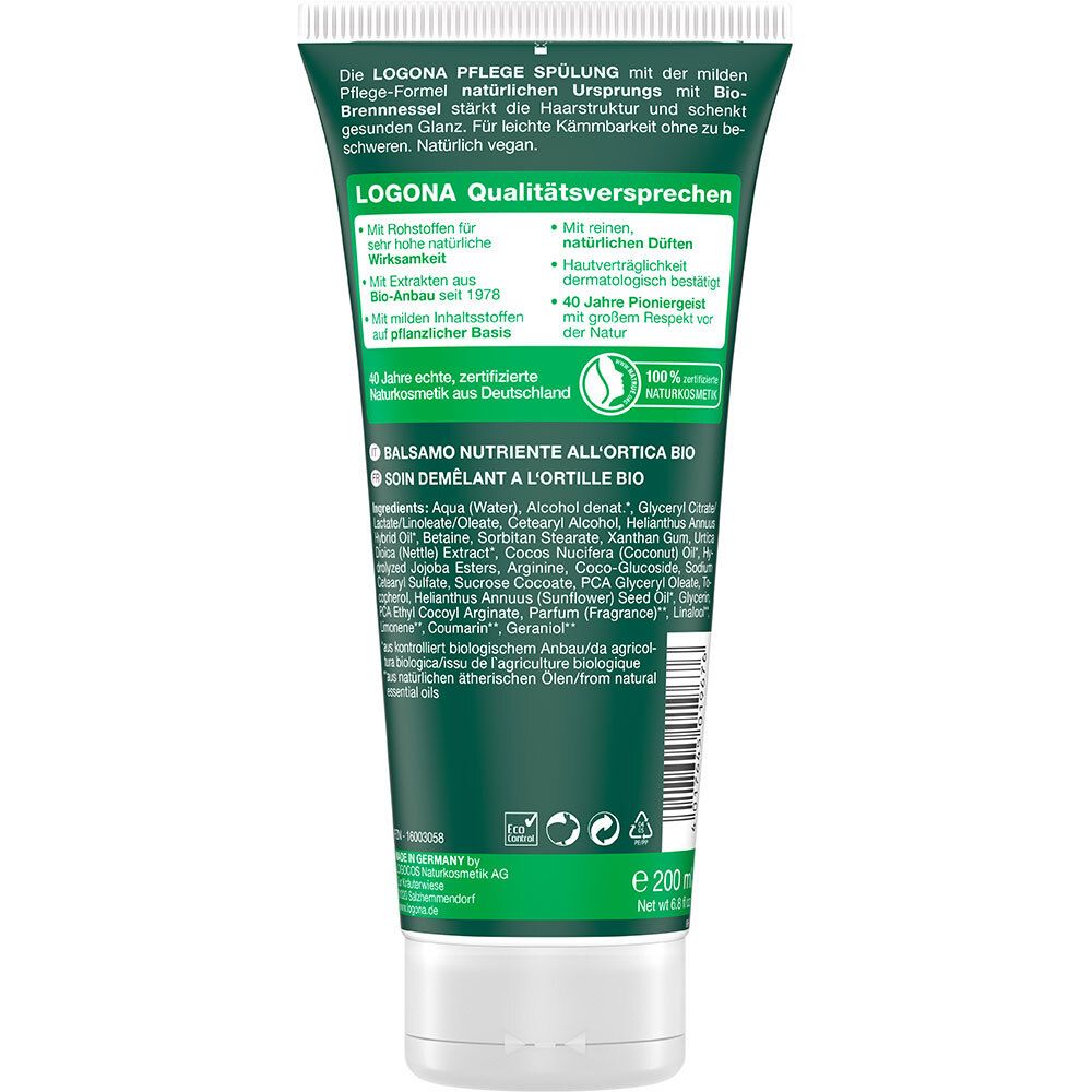 Dos d'un tube vert. Texte: LOGONA Qualitätsversprechen, Ingrédients, Balsamo Nutriente all'Ortica Bio, 200 ml.