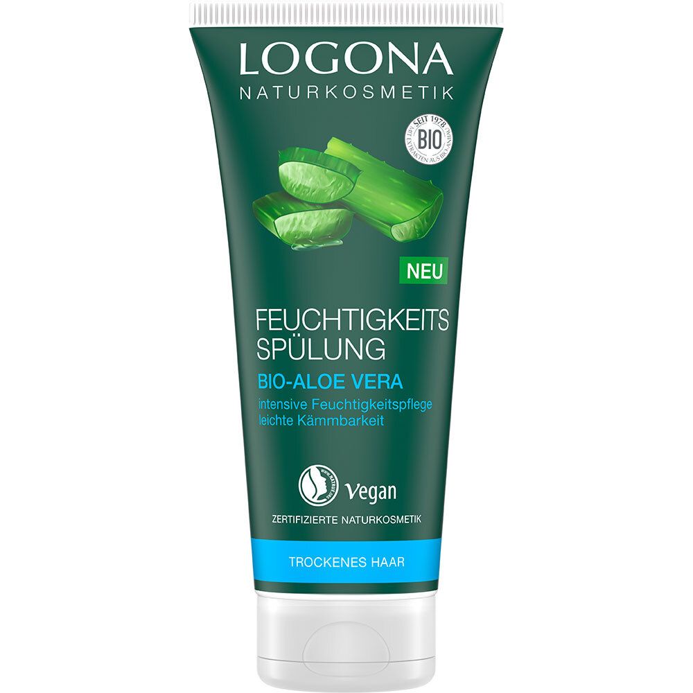 Tube verte avec bouchon blanc. Inscription: LOGONA, soin hydratant, Bio-Aloe Vera. Label Vegan. Pour cheveux secs.