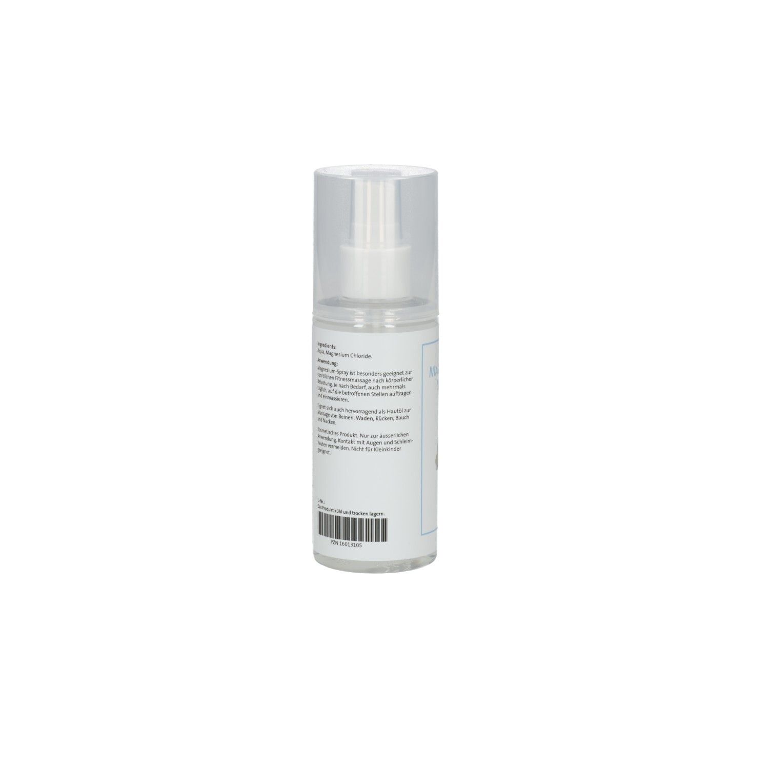 Achterkant van de magnesium sprayfles. Tekstinformatie en barcode.