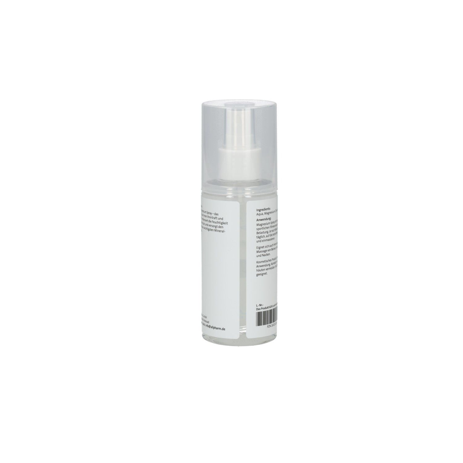 Achterkant van de magnesium sprayfles. Tekstinformatie.