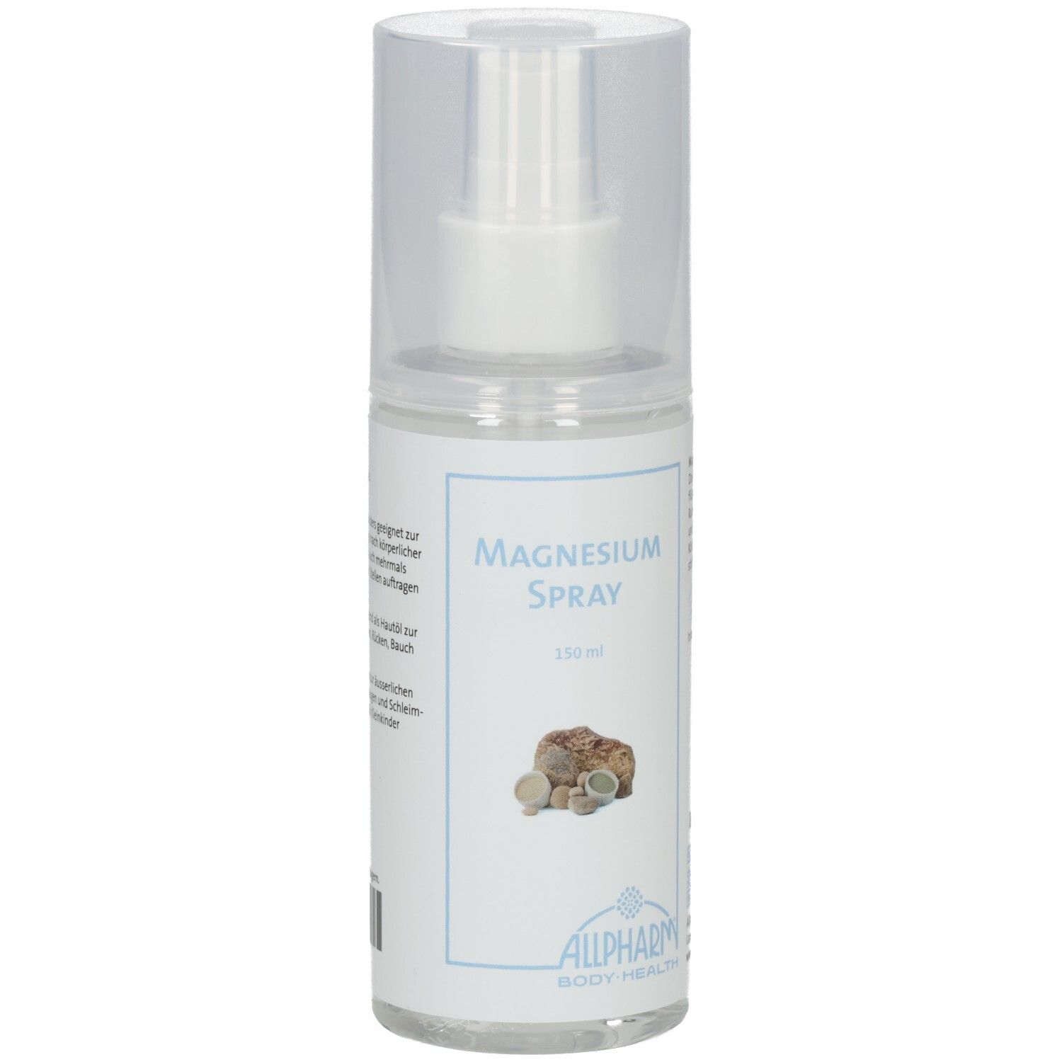 Magnesium sprayfles met sproeikop en dop. Opschrift "Magnesium Spray" en "100 ml".