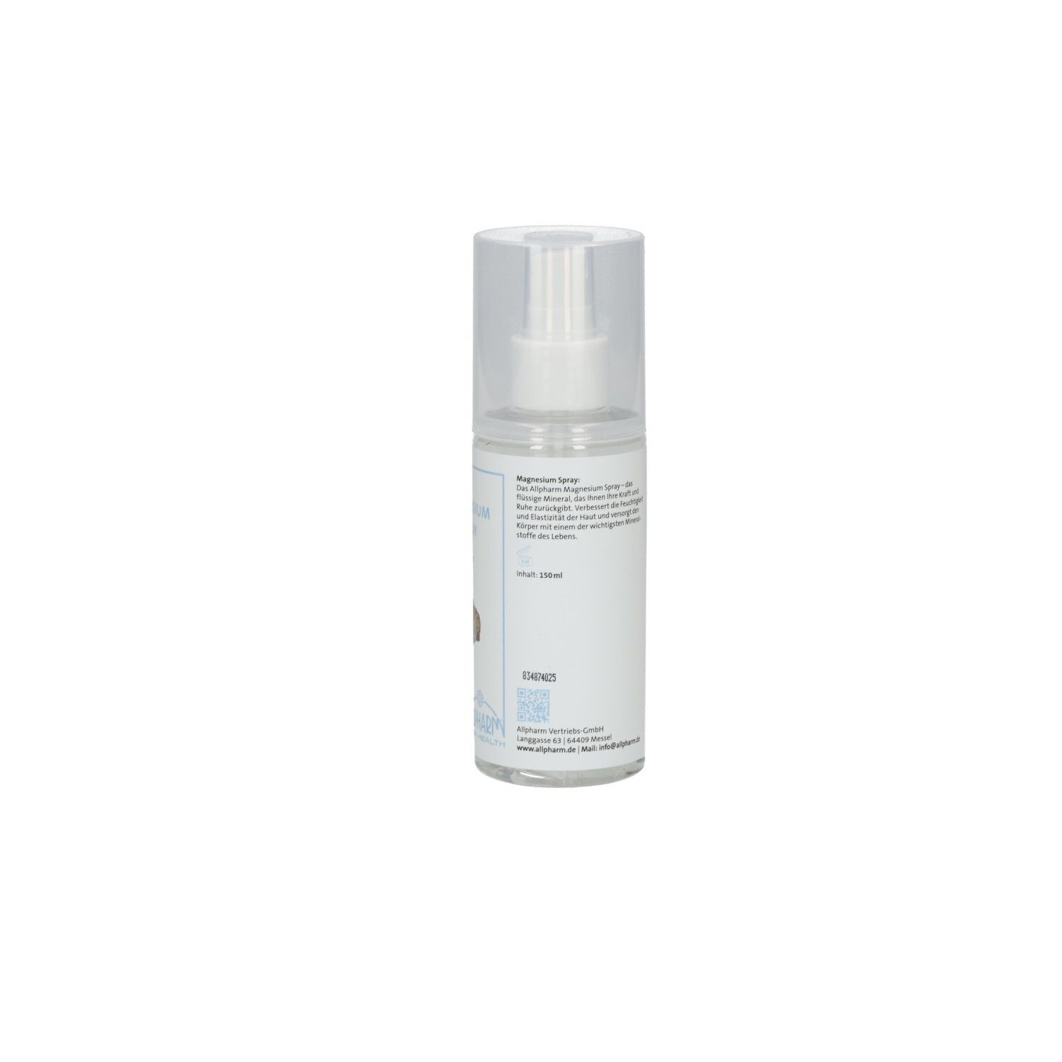Achterkant van de magnesium sprayfles. Tekstinformatie.