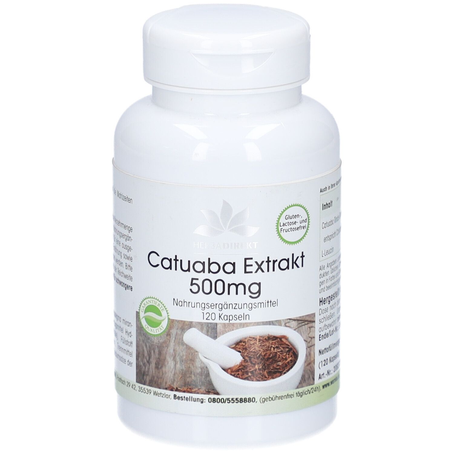Witte fles met capsules. Opschrift: Catuaba Extrakt 500mg, 120 capsules. Logo en zegel.