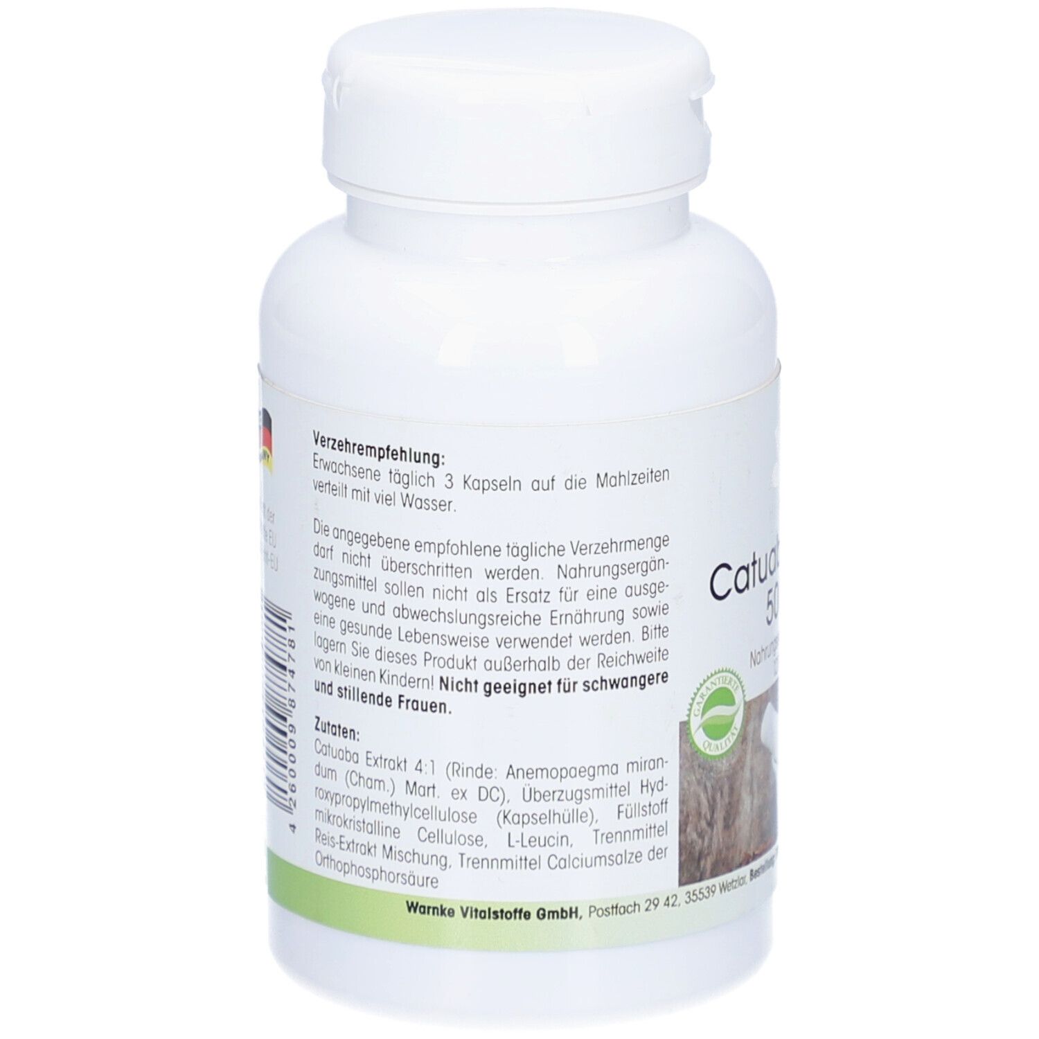 Achterkant van de witte fles. Tekst: Aanbevelingen, ingrediënten. Gemaakt in Duitsland. Logo.