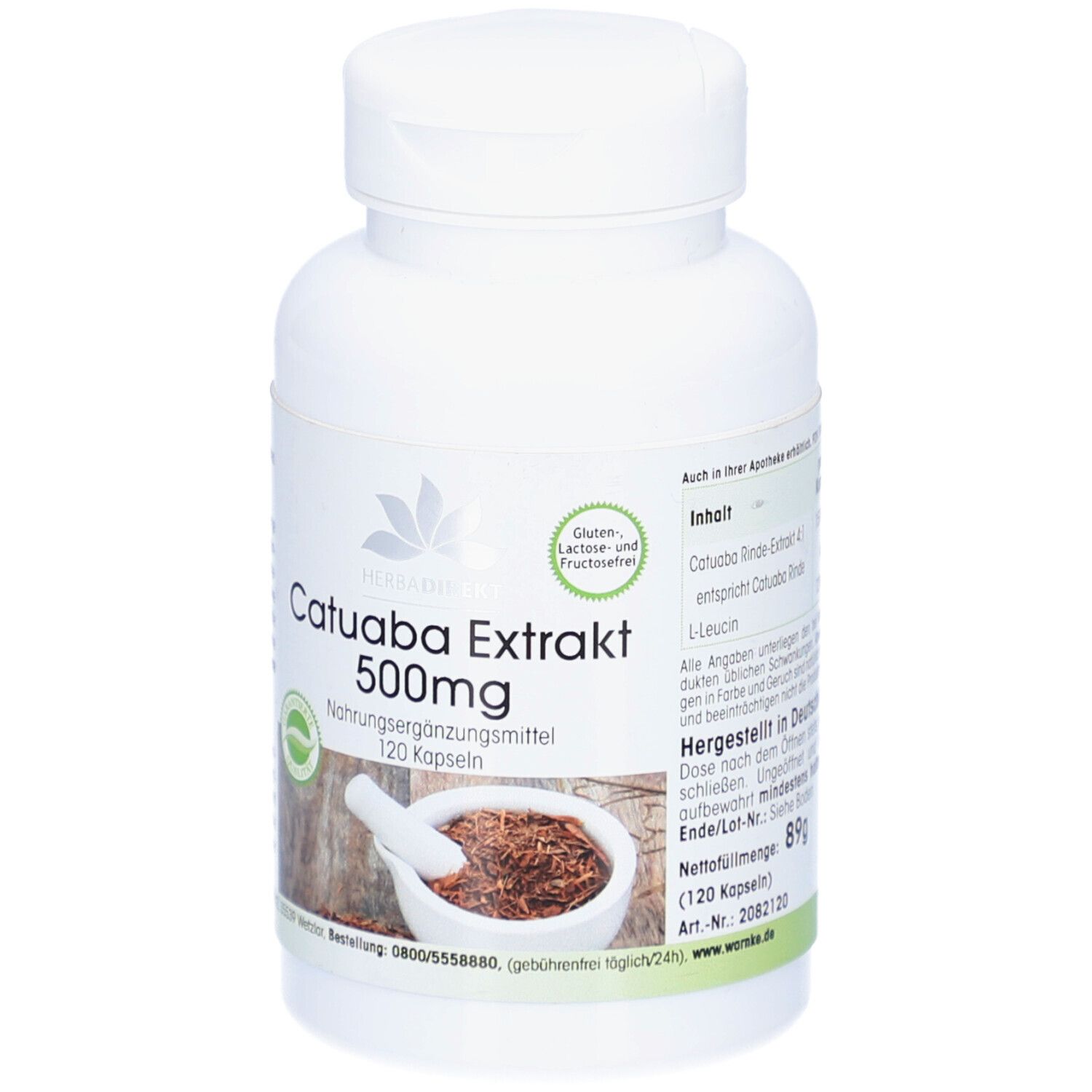 Witte fles met capsules. Opschrift: Catuaba Extrakt 500mg, 120 capsules. Logo en zegel.