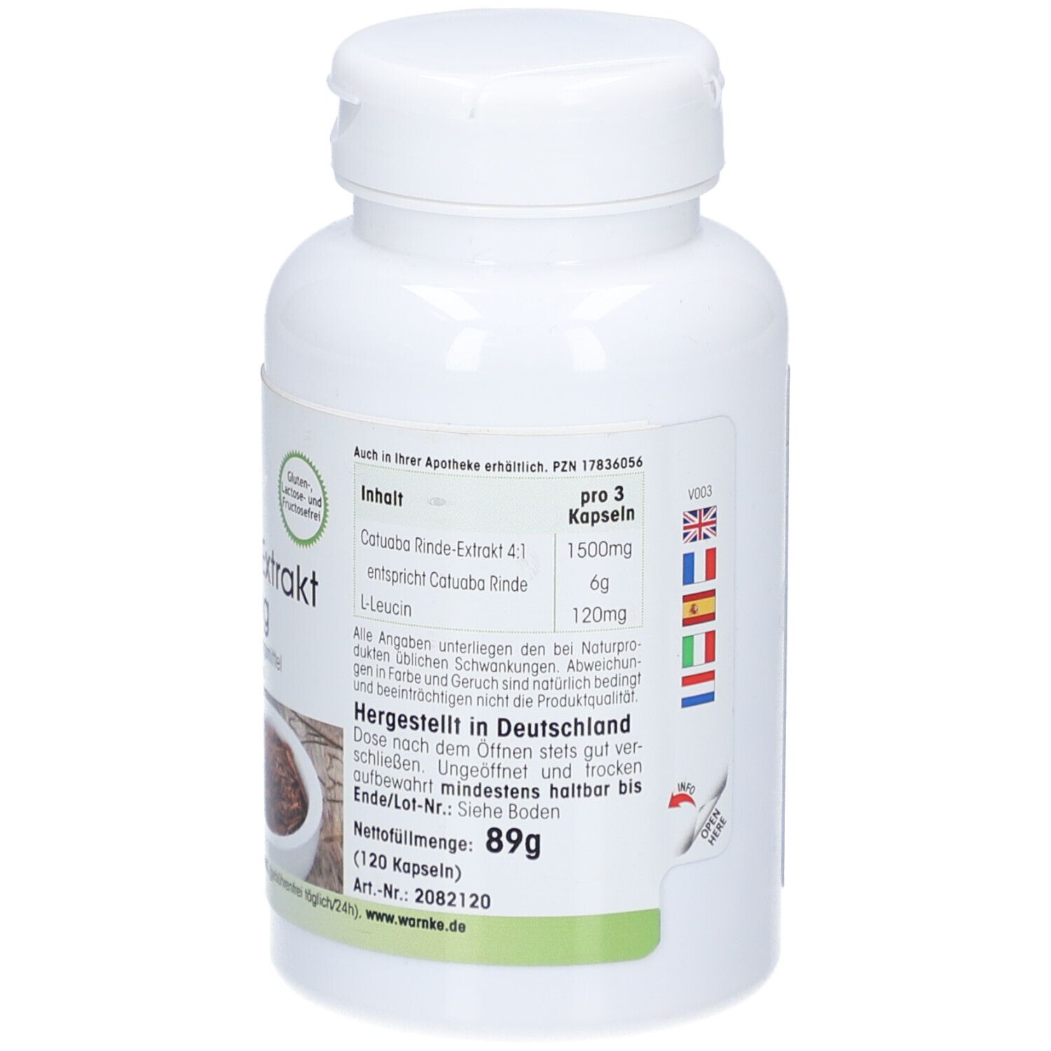 Achterkant van de witte fles. Tekst: Inhoud, per 3 capsules, 120mg L-Leucine. Gemaakt in Duitsland.