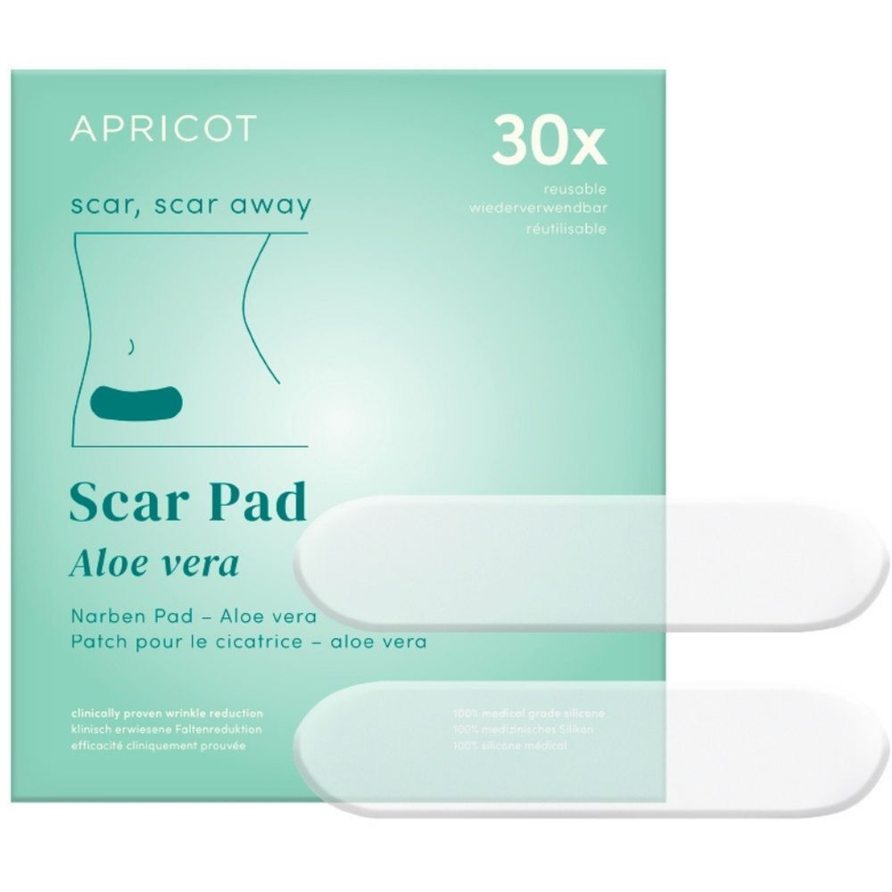 Verpakking met 30 littekenpads. Merk APRICOT. Tekst: scar, scar away, Scar Pad Aloe vera. Twee transparante pads ernaast.