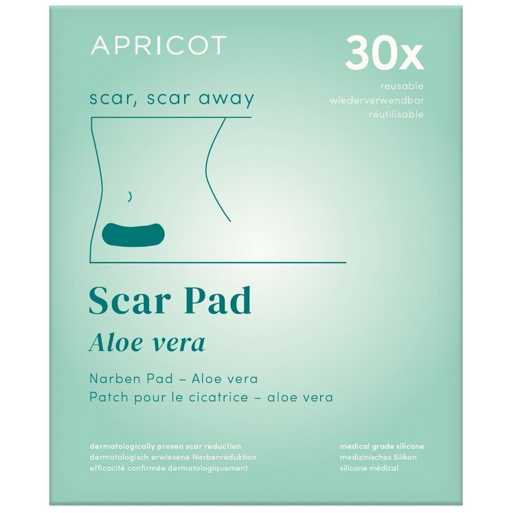 Verpakking met 30 littekenpads. Merk APRICOT. Tekst: scar, scar away, Scar Pad Aloe vera.