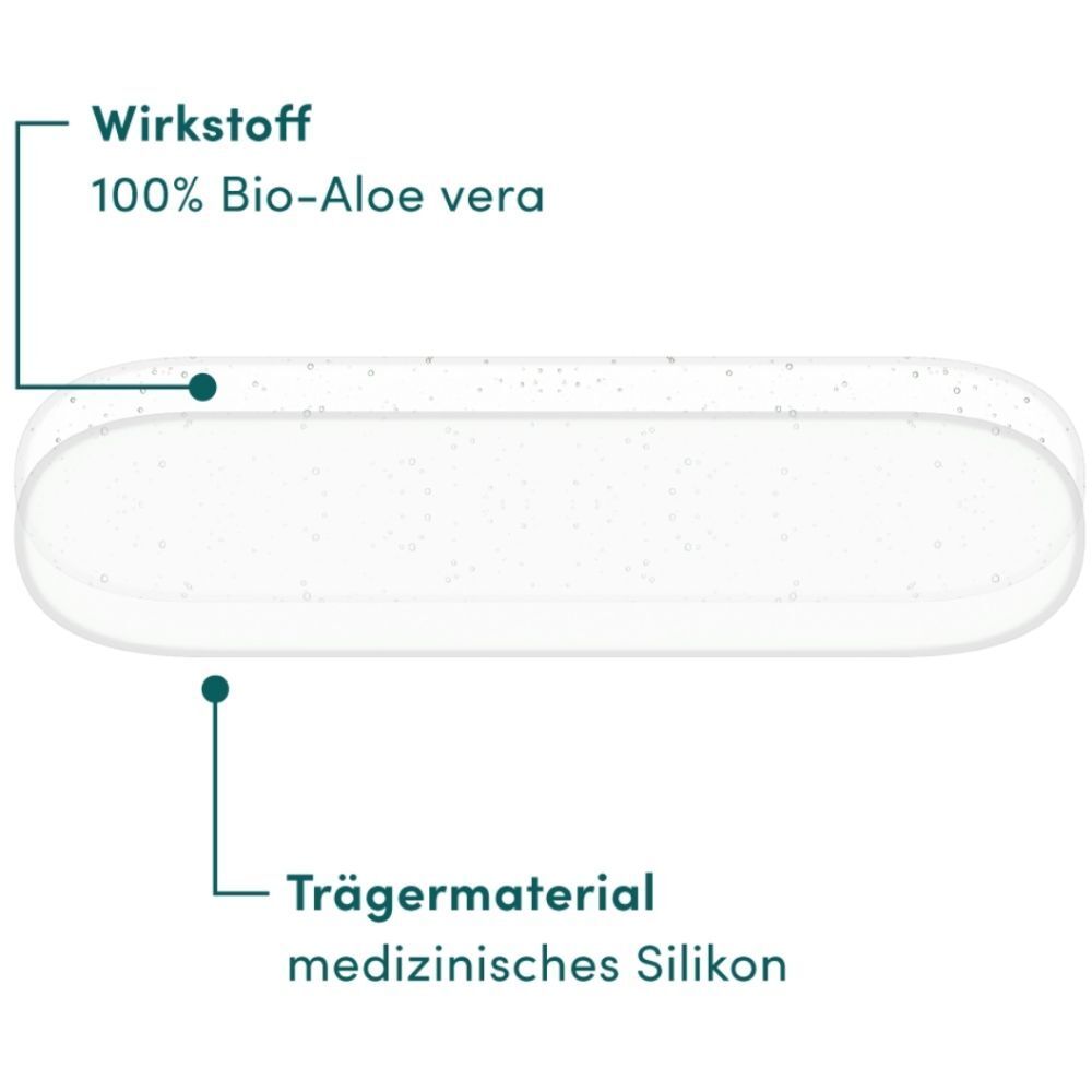 Twee transparante littekenpads. Opschrift: werkzame stof 100% bio Aloë vera, dragermateriaal medische siliconen.