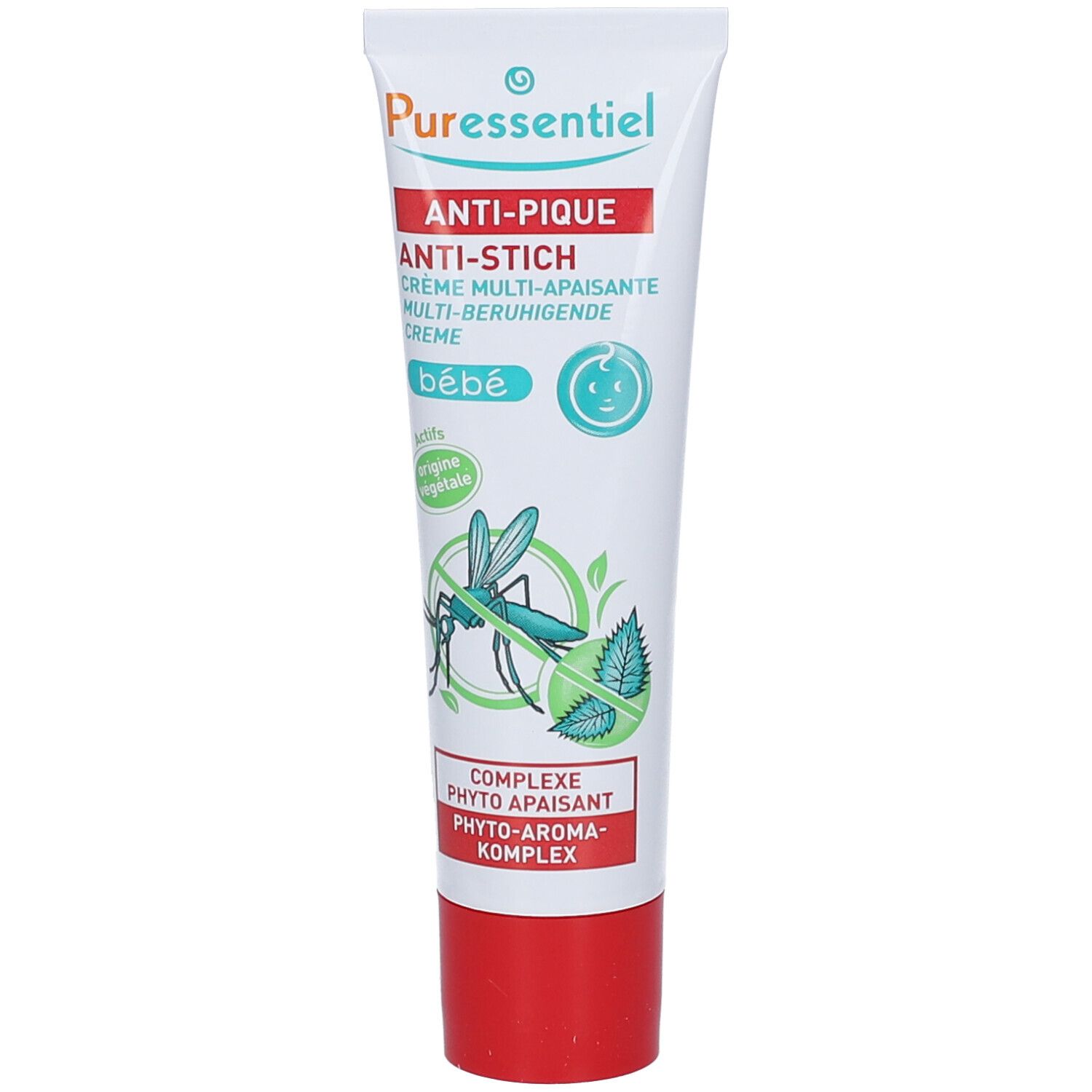 Tube de crème blanc et rouge. Inscription: ANTI-PIQUE, crème multi-apaisante bébé. Illustration: moustique et feuilles.