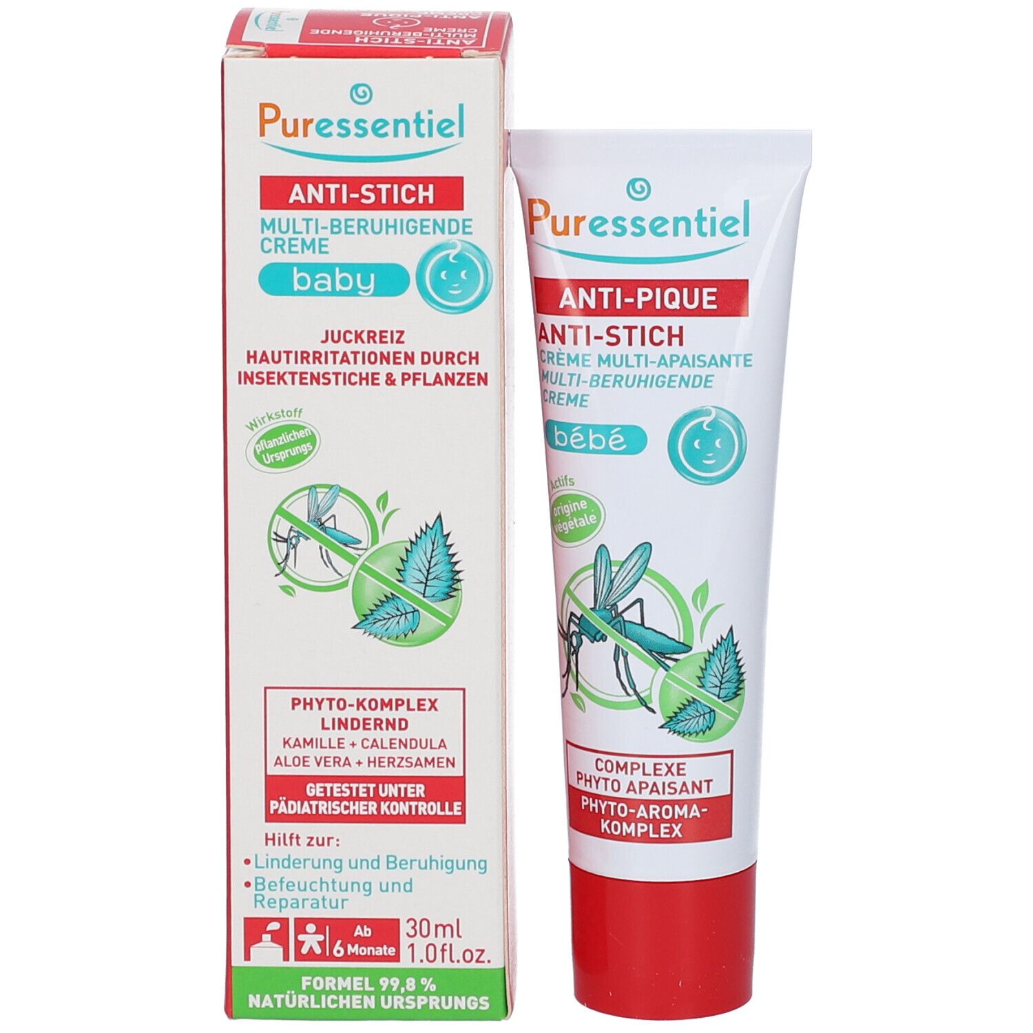 Emballage du produit avec tube et boîte. Inscription: ANTI-PIQUE, crème multi-apaisante bébé. Illustration: moustique et feuilles.