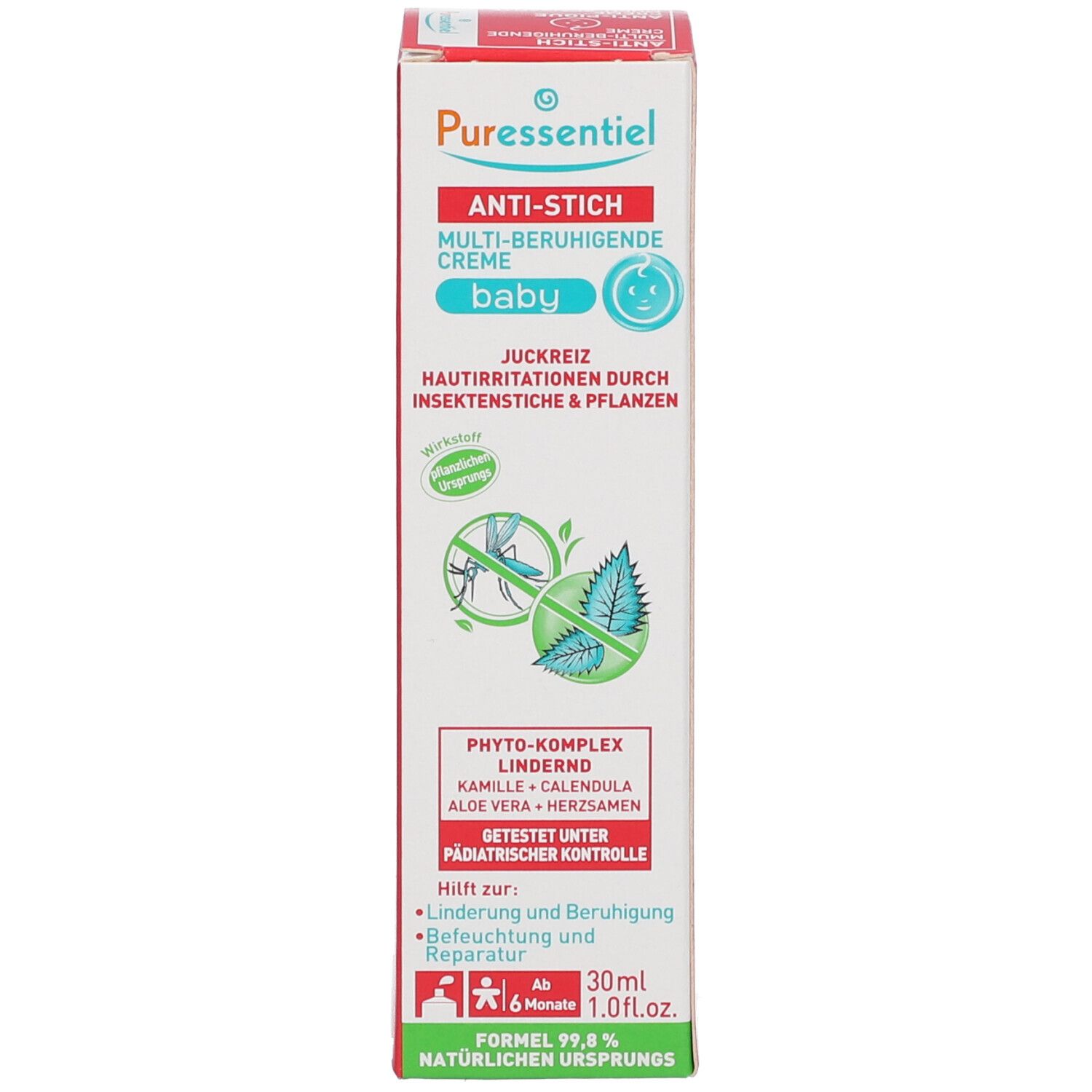 Emballage en carton. Inscription: ANTI-PIQUE, crème multi-apaisante bébé. Illustration: moustique et feuilles. Contient du texte.