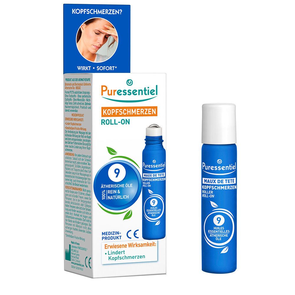 Puressentiel Roll-on maux de tête, flacon et boîte. Aux 9 huiles essentielles, agit immédiatement sur les maux de tête.