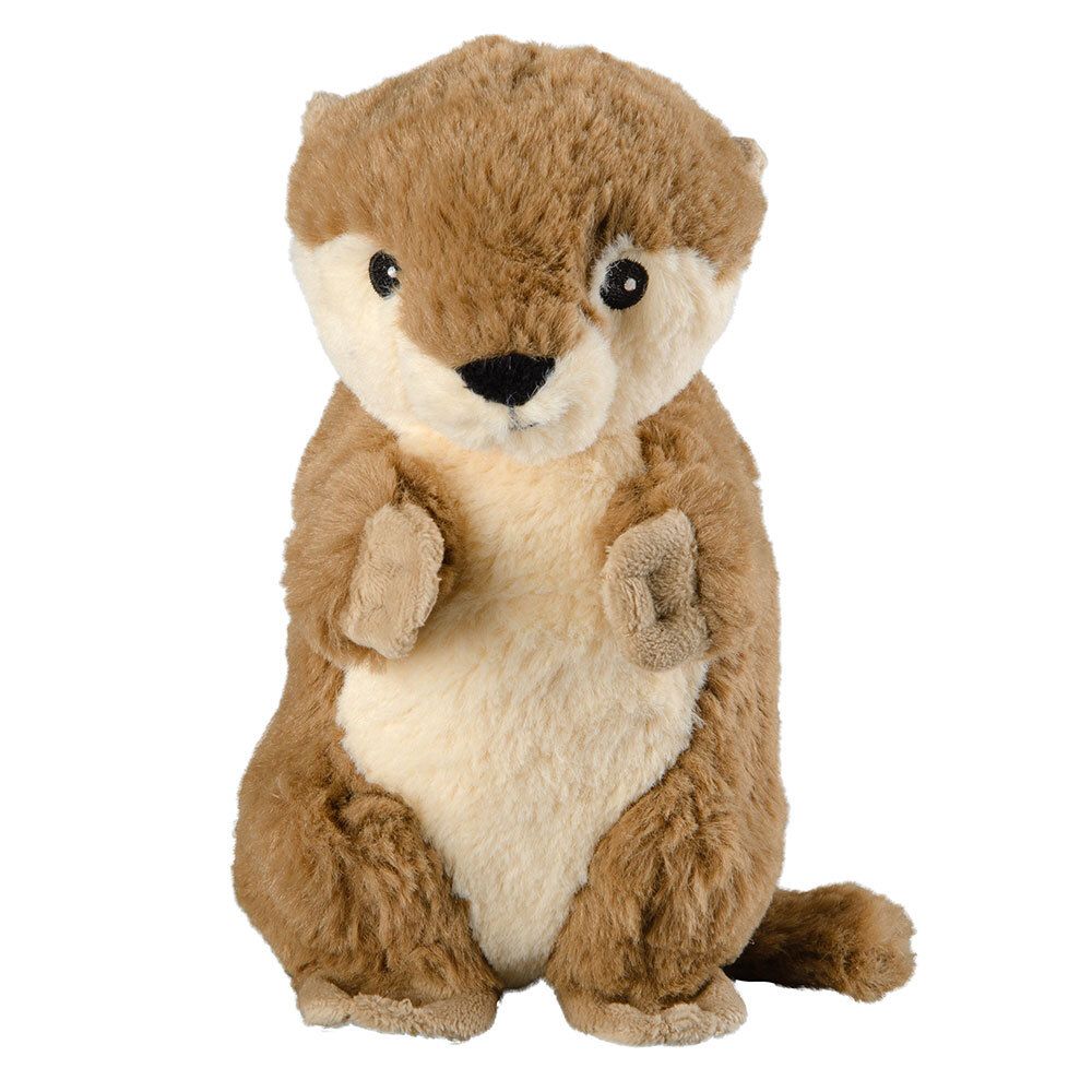 Bruin en beige pluche otter. Staat rechtop. Zwarte ogen en neus. Afgeronde oren.