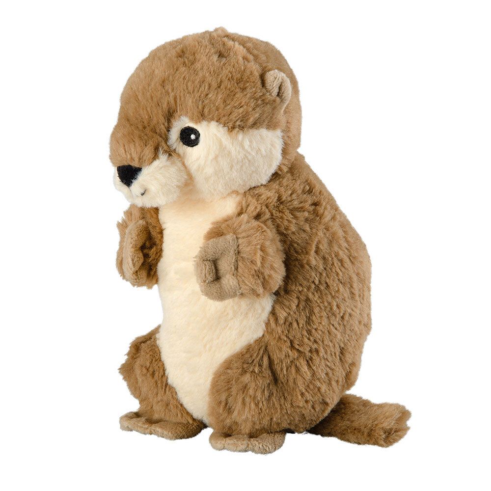 Bruin en beige pluche otter. Zijaanzicht. Zwarte ogen en neus. Afgeronde oren.