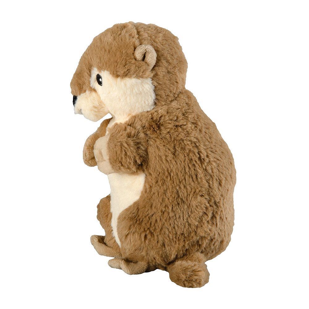 Bruin en beige pluche otter. Achteraanzicht. Zwarte ogen en neus. Afgeronde oren.