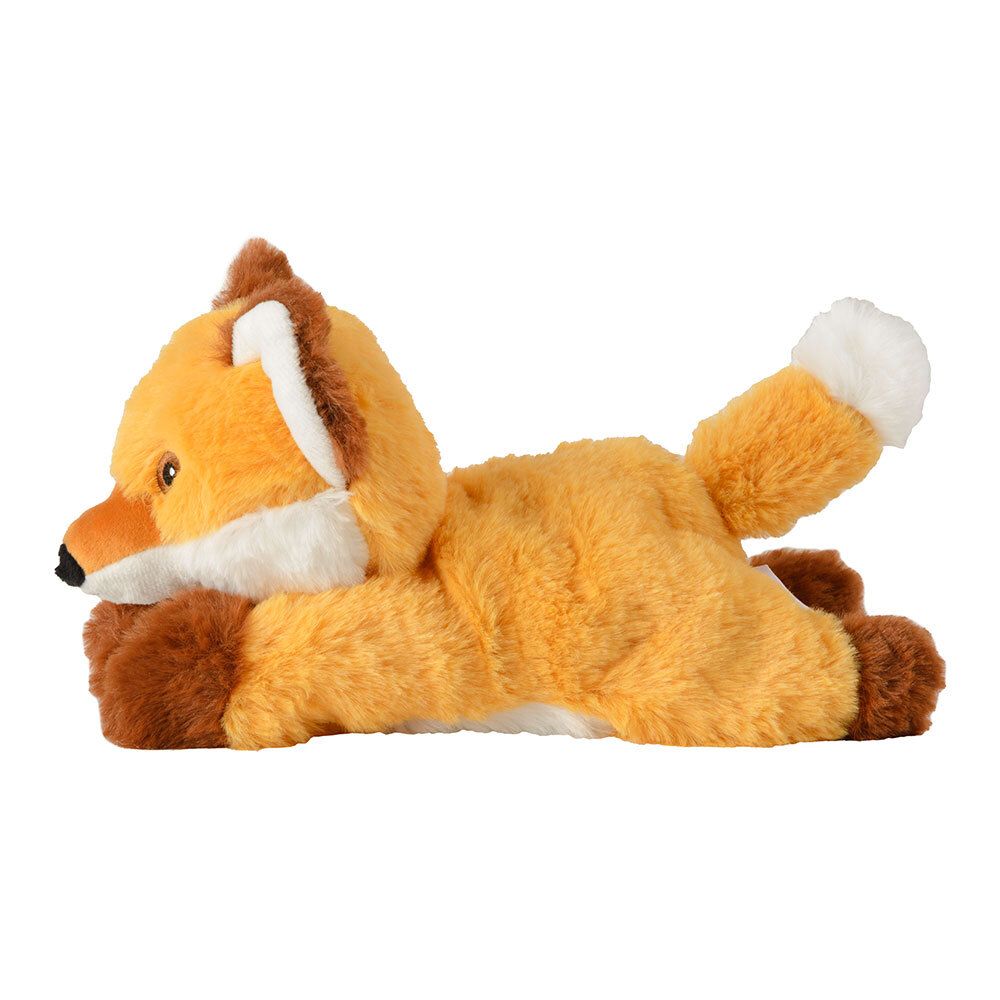 Peluche renard orange et marron, allongé sur le ventre. Poitrine et bout de la queue blancs. Oreilles et pattes marron.