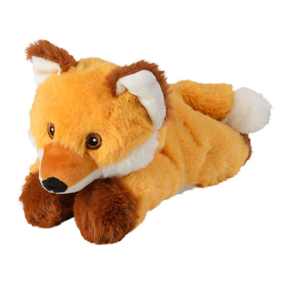 Peluche renard orange et marron, allongé. Poitrine et bout de la queue blancs. Oreilles et pattes marron. Regard vers la droite.